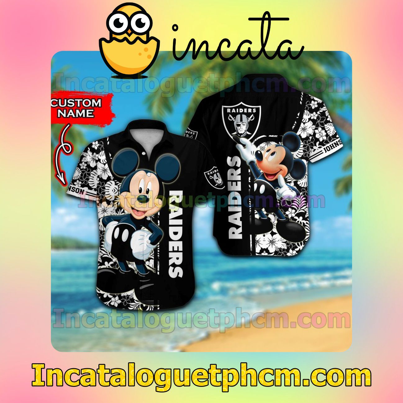 Personalized Las Vegas Raiders & Mickey Mouse Beach Vacation Shirt, Swim Shorts