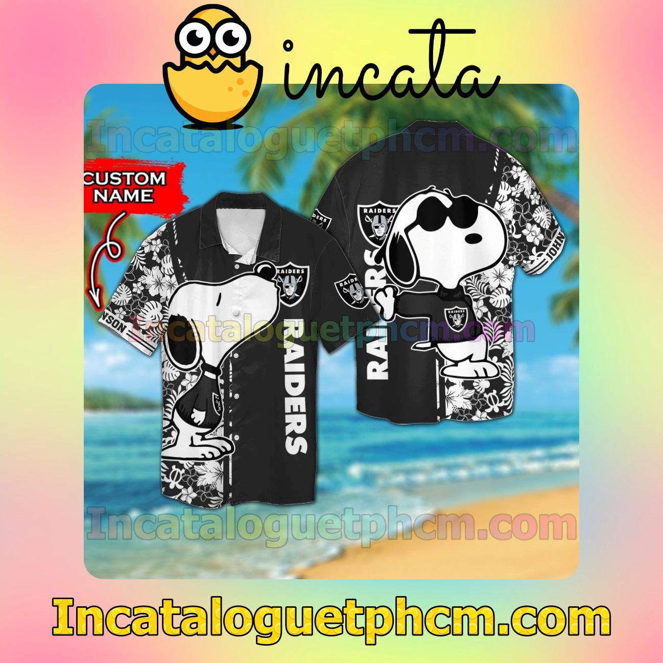 Personalized Las Vegas Raiders & Snoopy Beach Vacation Shirt, Swim Shorts