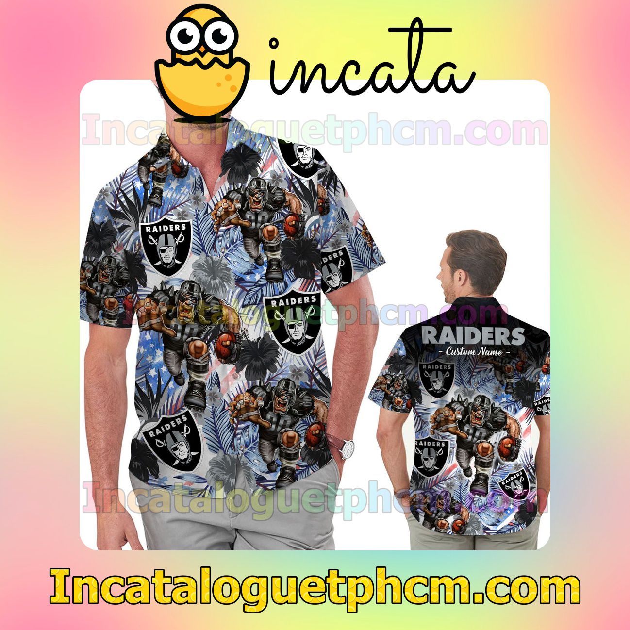 Personalized Las Vegas Raiders Tropical Floral America Flag Aloha Beach Vacation Shirt, Swim Shorts