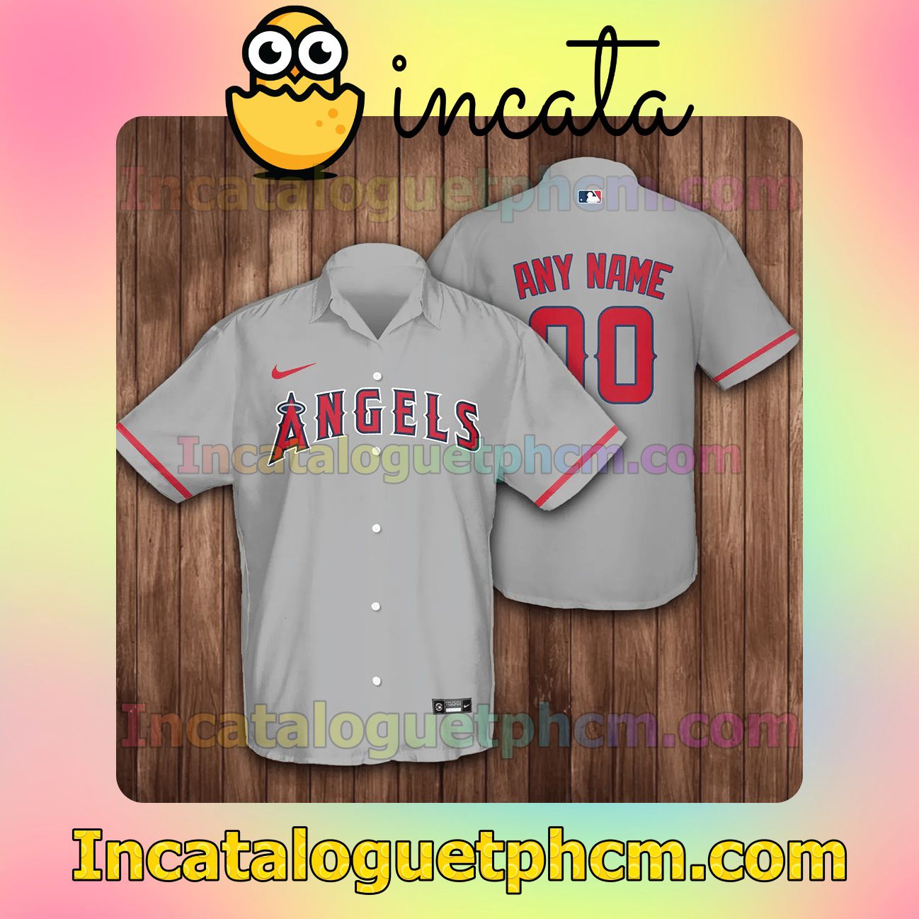 Personalized Los Angeles Angels Baseball Grey Button Shirt And Swim Trunk