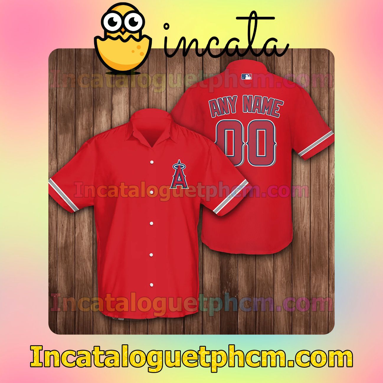 Personalized Los Angeles Angels Baseball Red Logo Branded Button Shirt And Swim Trunk
