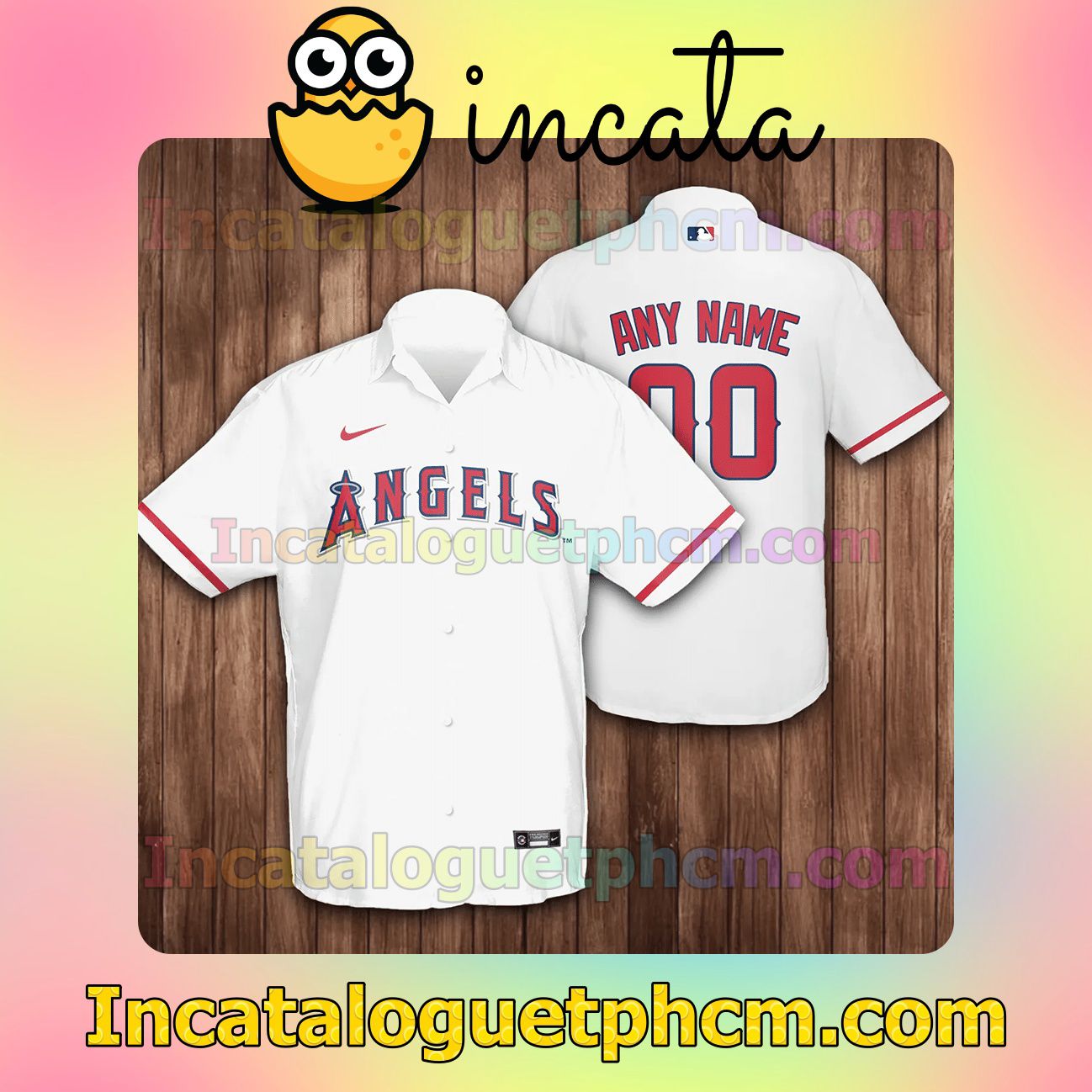 Personalized Los Angeles Angels Baseball White Button Shirt And Swim Trunk