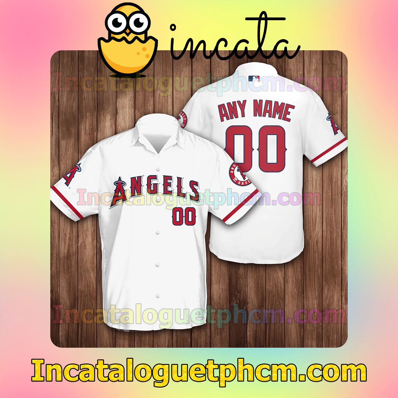 Personalized Los Angeles Angels Baseball White Logo Branded Button Shirt And Swim Trunk