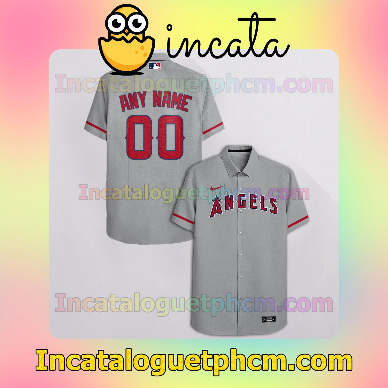 Personalized Los Angeles Angels Gray Button Shirt And Swim Trunk
