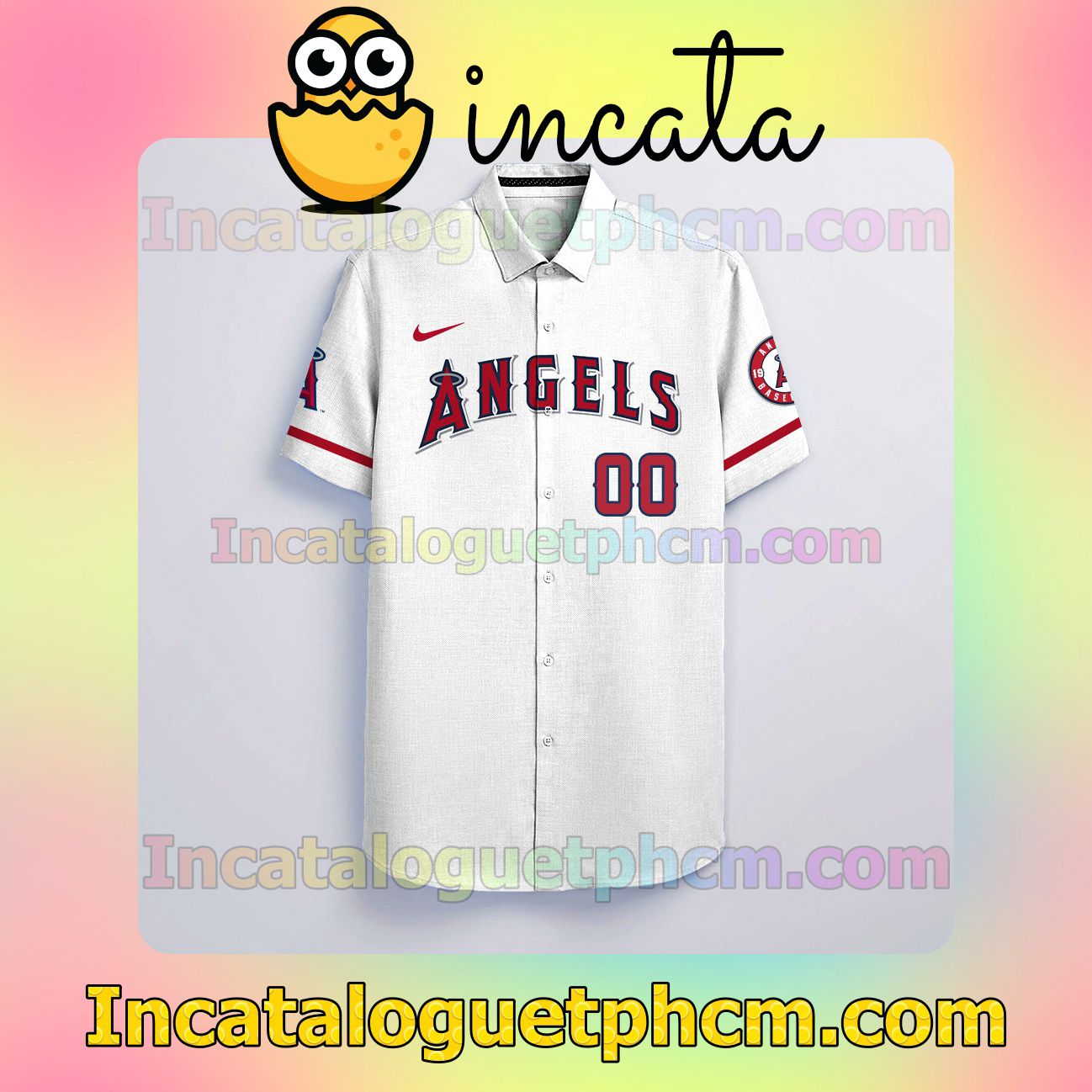 Personalized Los Angeles Angels White Button Shirt And Swim Trunk