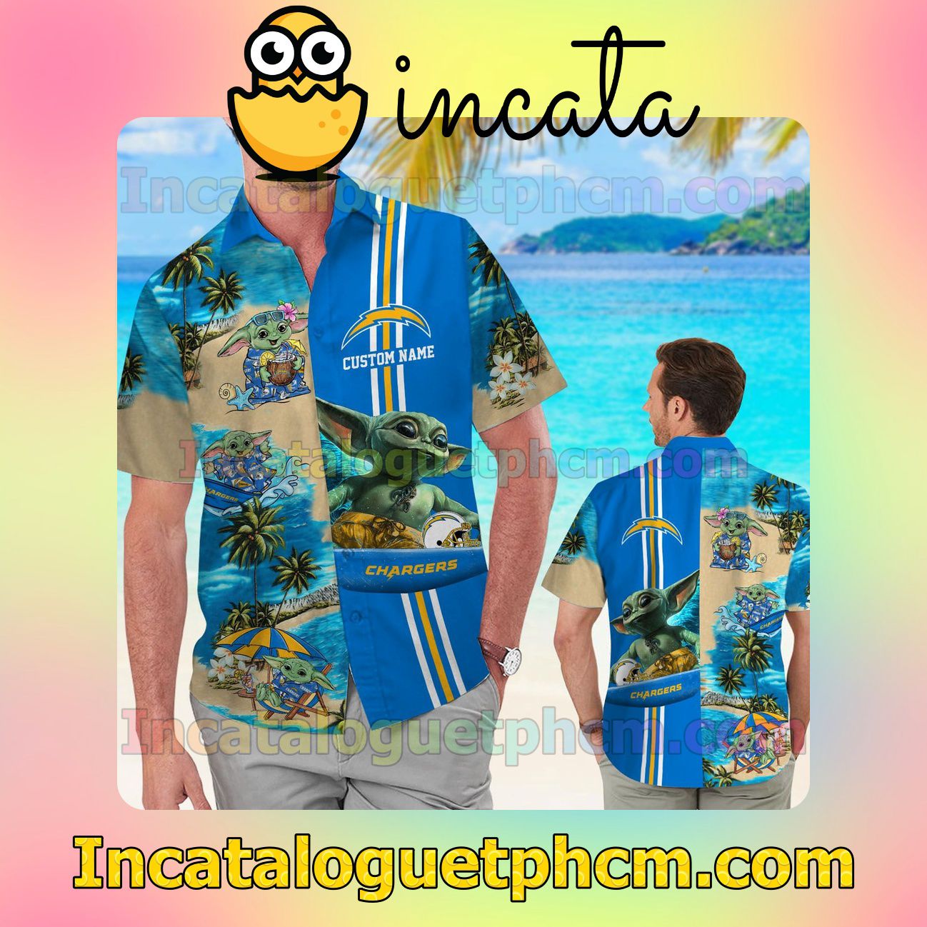 Personalized Los Angeles Chargers Baby Yoda Beach Vacation Shirt, Swim Shorts