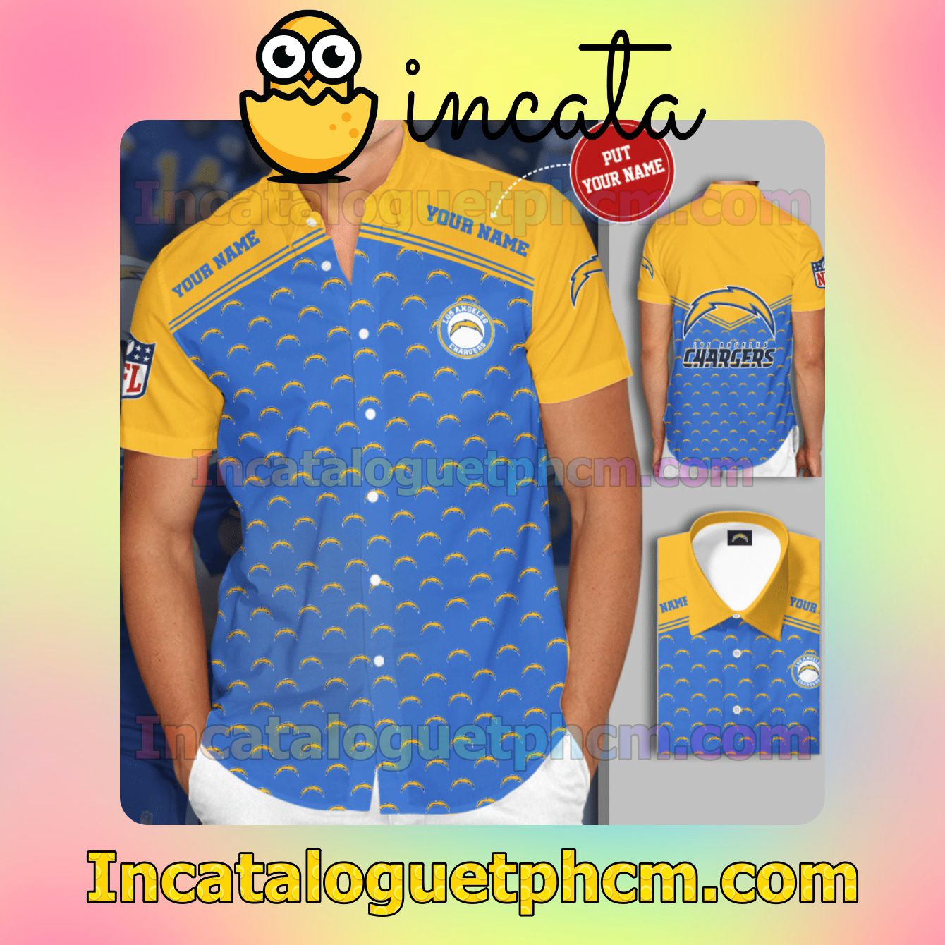 Personalized Los Angeles Chargers Logo Blue Yellow Button Shirt And Swim Trunk