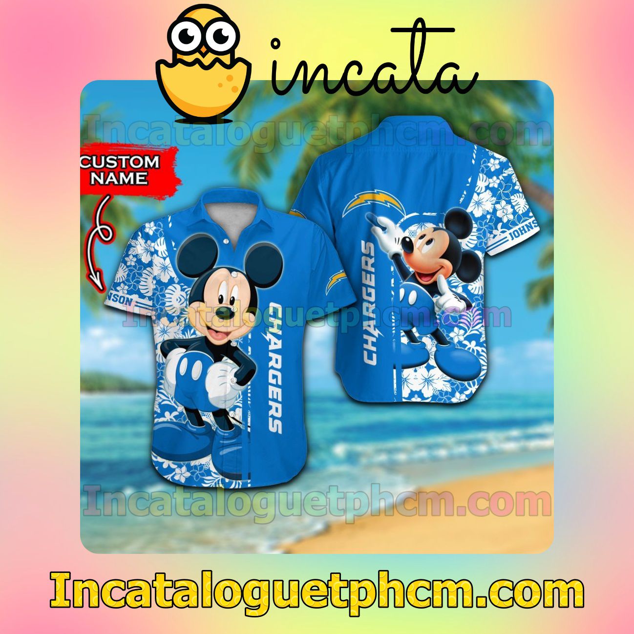 Personalized Los Angeles Chargers & Mickey Mouse Beach Vacation Shirt, Swim Shorts