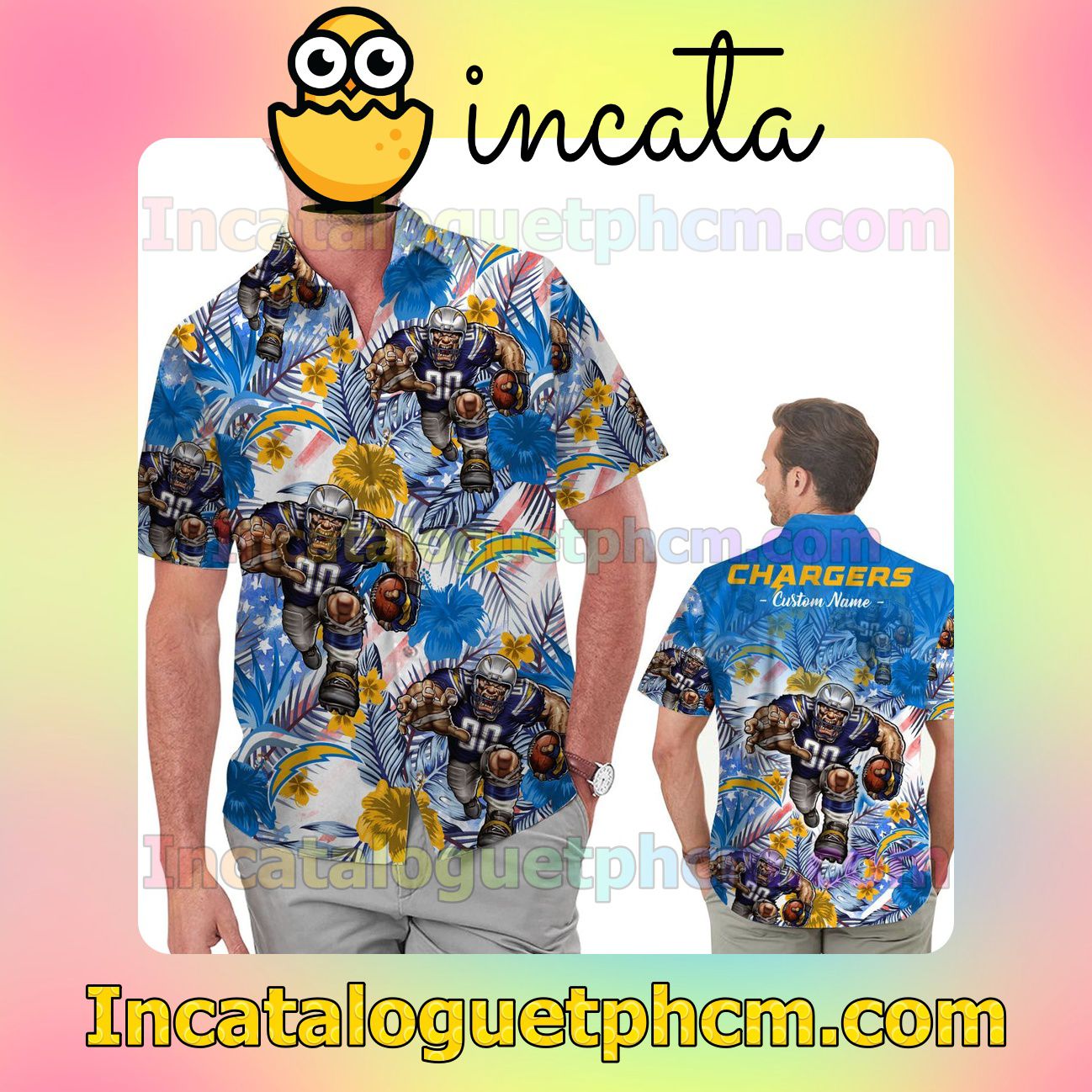 Personalized Los Angeles Chargers Tropical Floral America Flag Aloha Beach Vacation Shirt, Swim Shorts