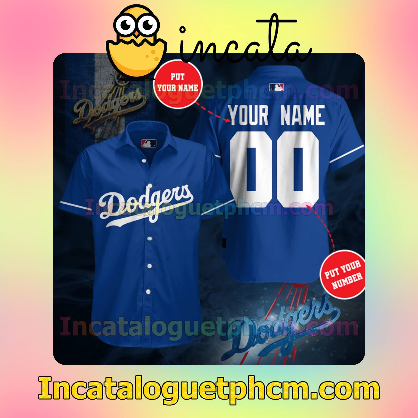 Personalized Los Angeles Dodgers Baseball Team Blue Button Shirt And Swim Trunk