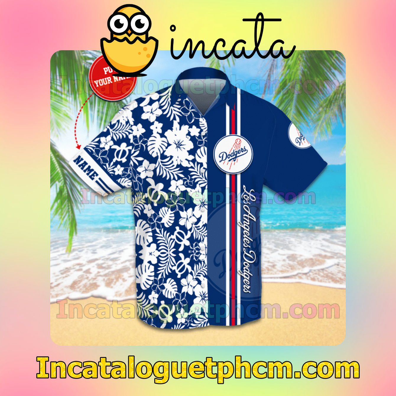 Personalized Los Angeles Dodgers Flowery Navy Button Shirt And Swim Trunk
