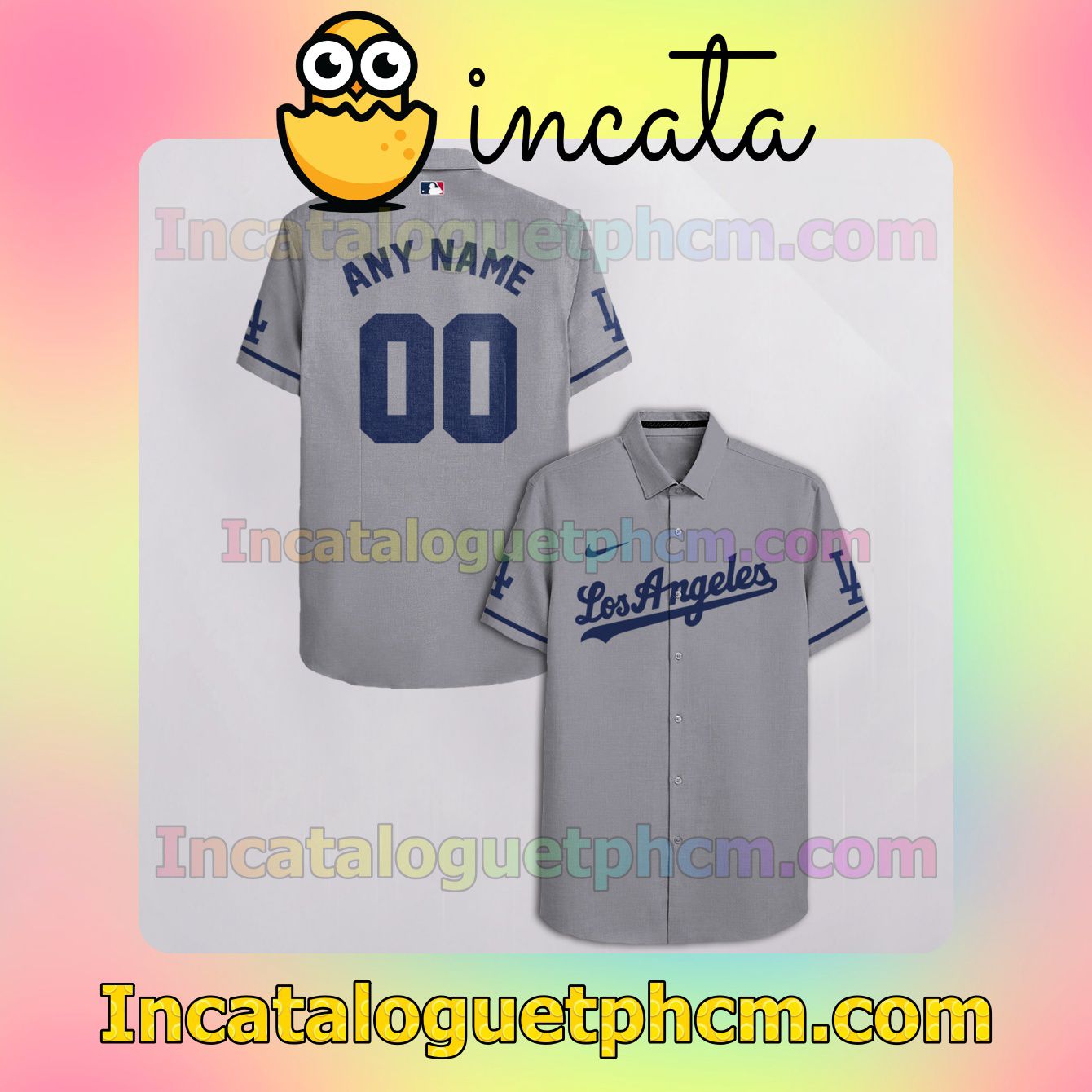 Personalized Los Angeles Dodgers Gray Button Shirt And Swim Trunk