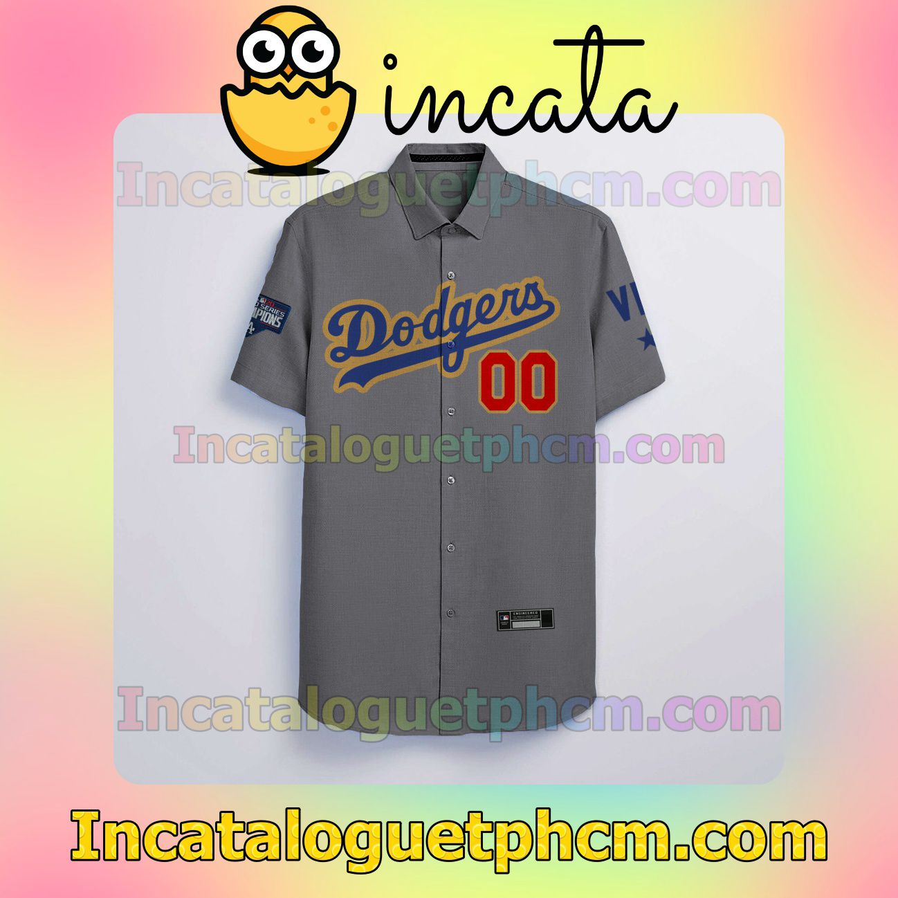 Personalized Los Angeles Dodgers Gray Logo Branded Button Shirt And Swim Trunk