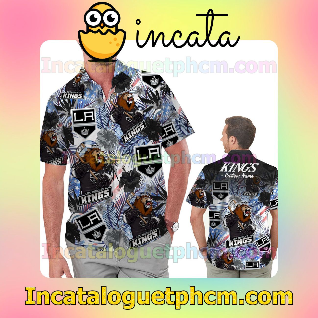 Personalized Los Angeles Kings Tropical Floral America Flag Beach Vacation Shirt, Swim Shorts