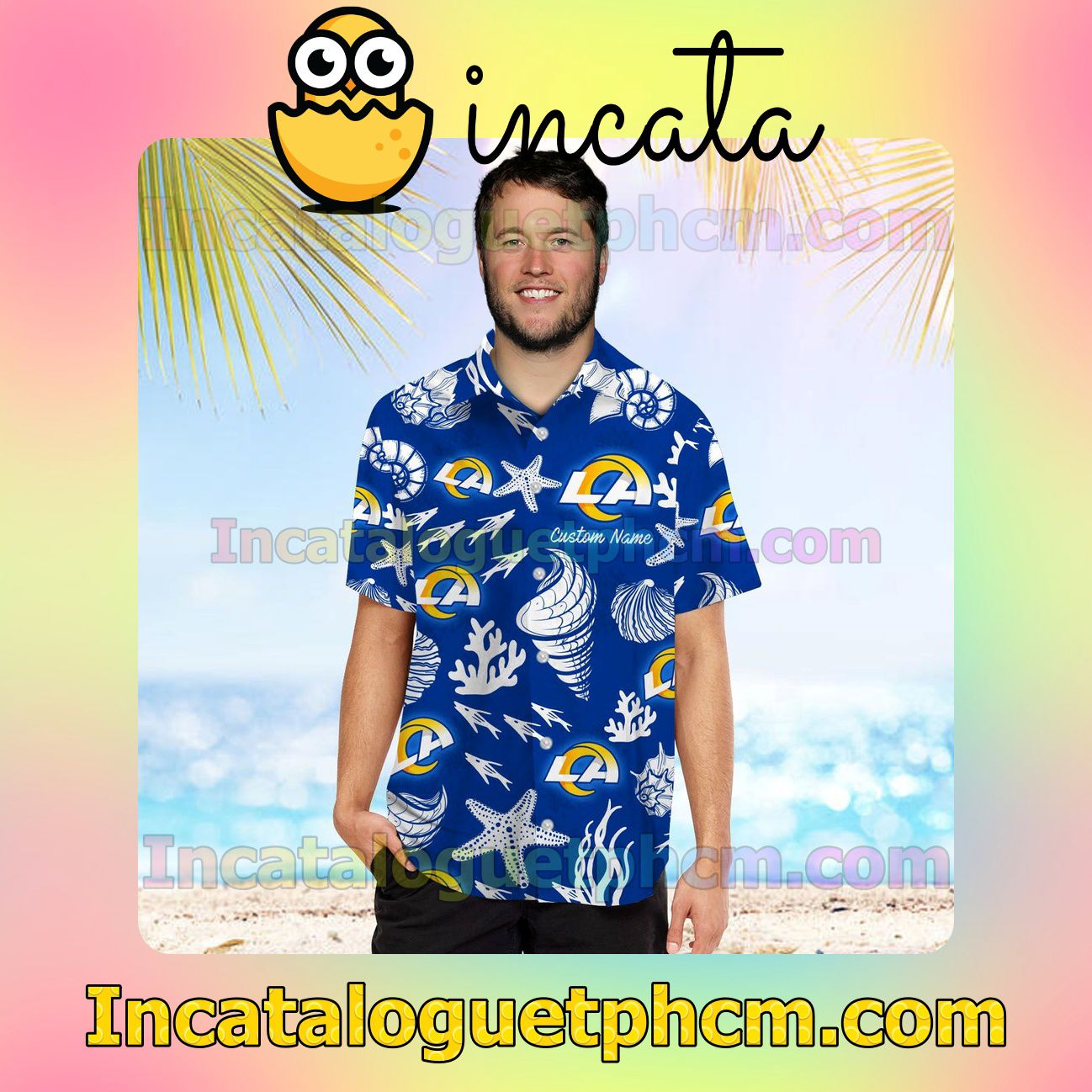 Personalized Los Angeles Rams Beach Vacation Shirt, Swim Shorts