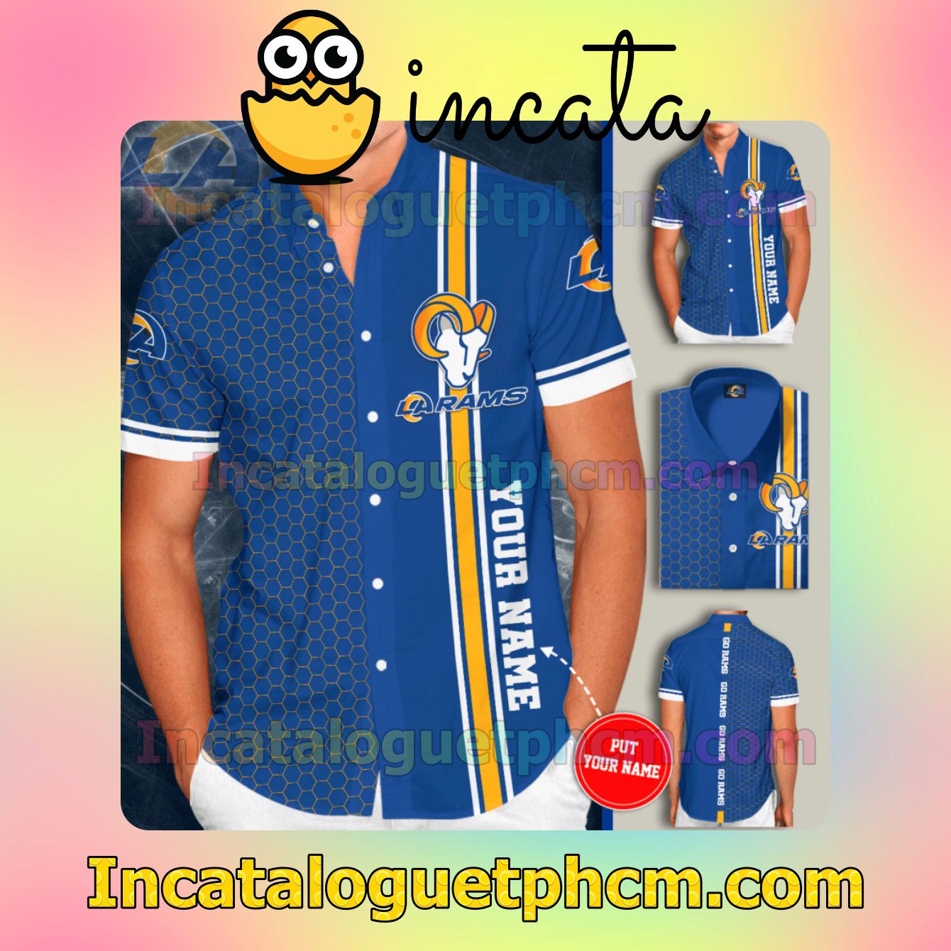 Personalized Los Angeles Rams Go Rams Tiling Neon Blue Button Shirt And Swim Trunk