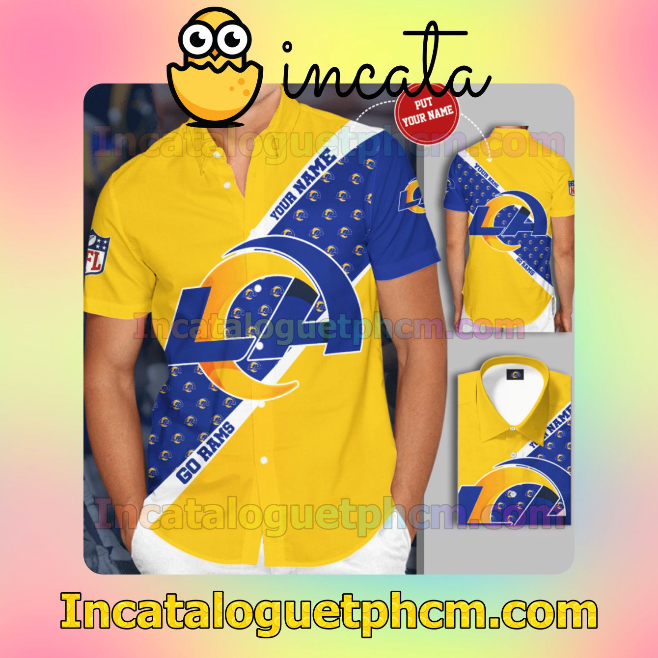 Personalized Los Angeles Rams Logo Go Rams Yellow Blue Button Shirt And Swim Trunk