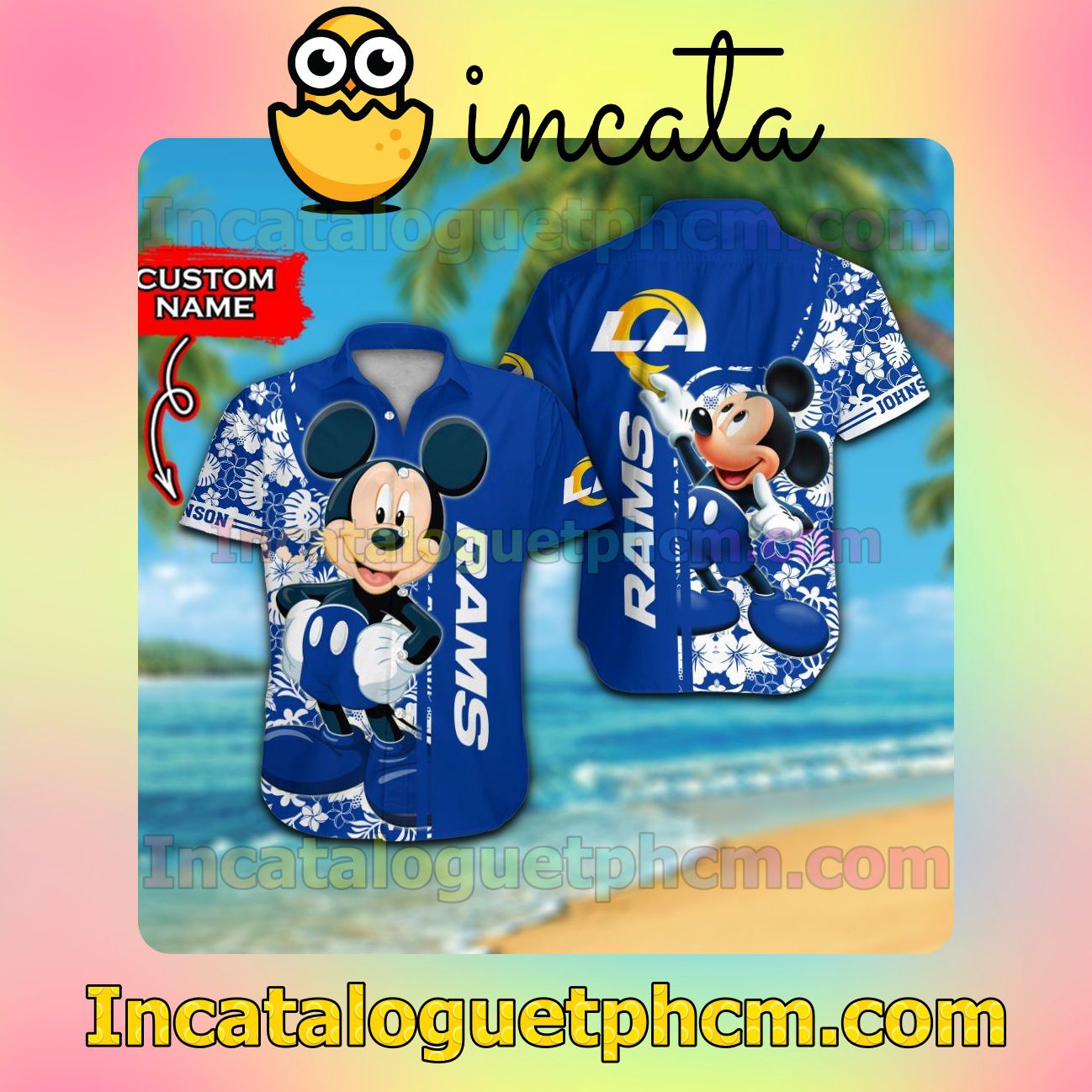 Personalized Los Angeles Rams & Mickey Mouse Beach Vacation Shirt, Swim Shorts