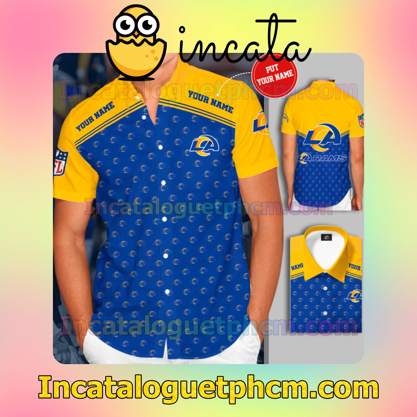 Personalized Los Angeles Rams Neon Blue Yellow Button Shirt And Swim Trunk