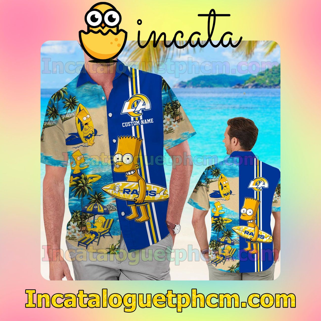 Personalized Los Angeles Rams Simpsons Beach Vacation Shirt, Swim Shorts