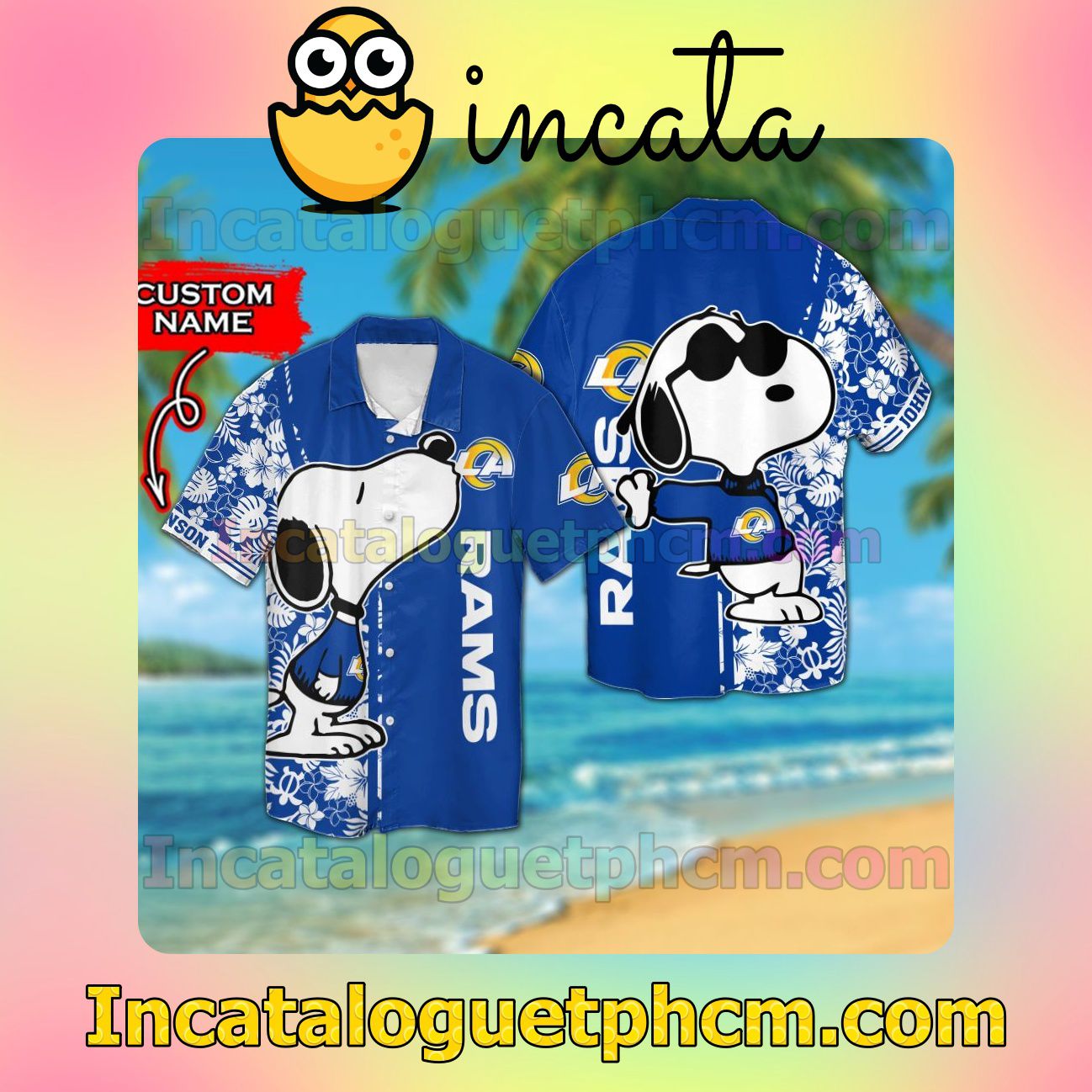 Personalized Los Angeles Rams & Snoopy Beach Vacation Shirt, Swim Shorts