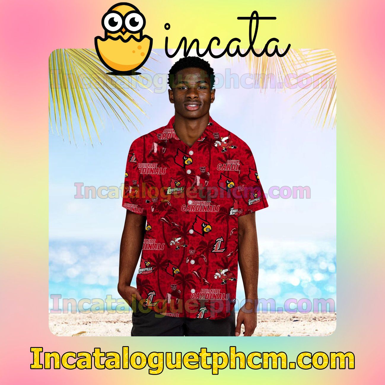 Personalized Louisville Cardinals Coconut Beach Vacation Shirt, Swim Shorts