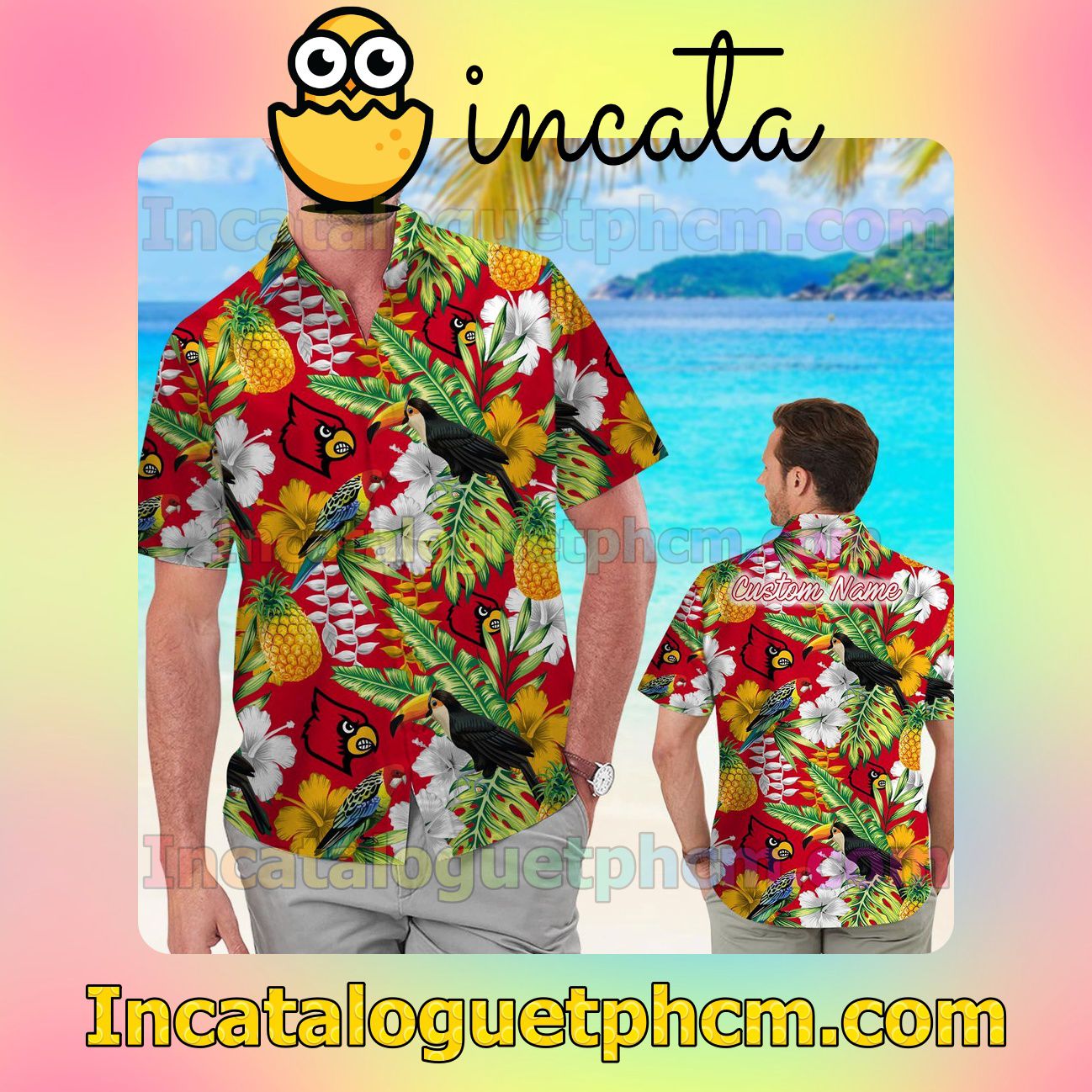 Personalized Louisville Cardinals Parrot Floral Tropical Beach Vacation Shirt, Swim Shorts