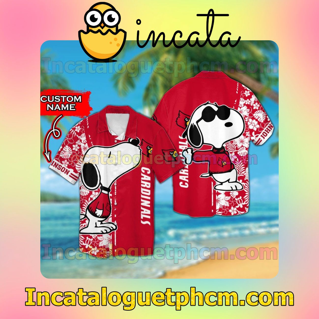 Personalized Louisville Cardinals & Snoopy Beach Vacation Shirt, Swim Shorts