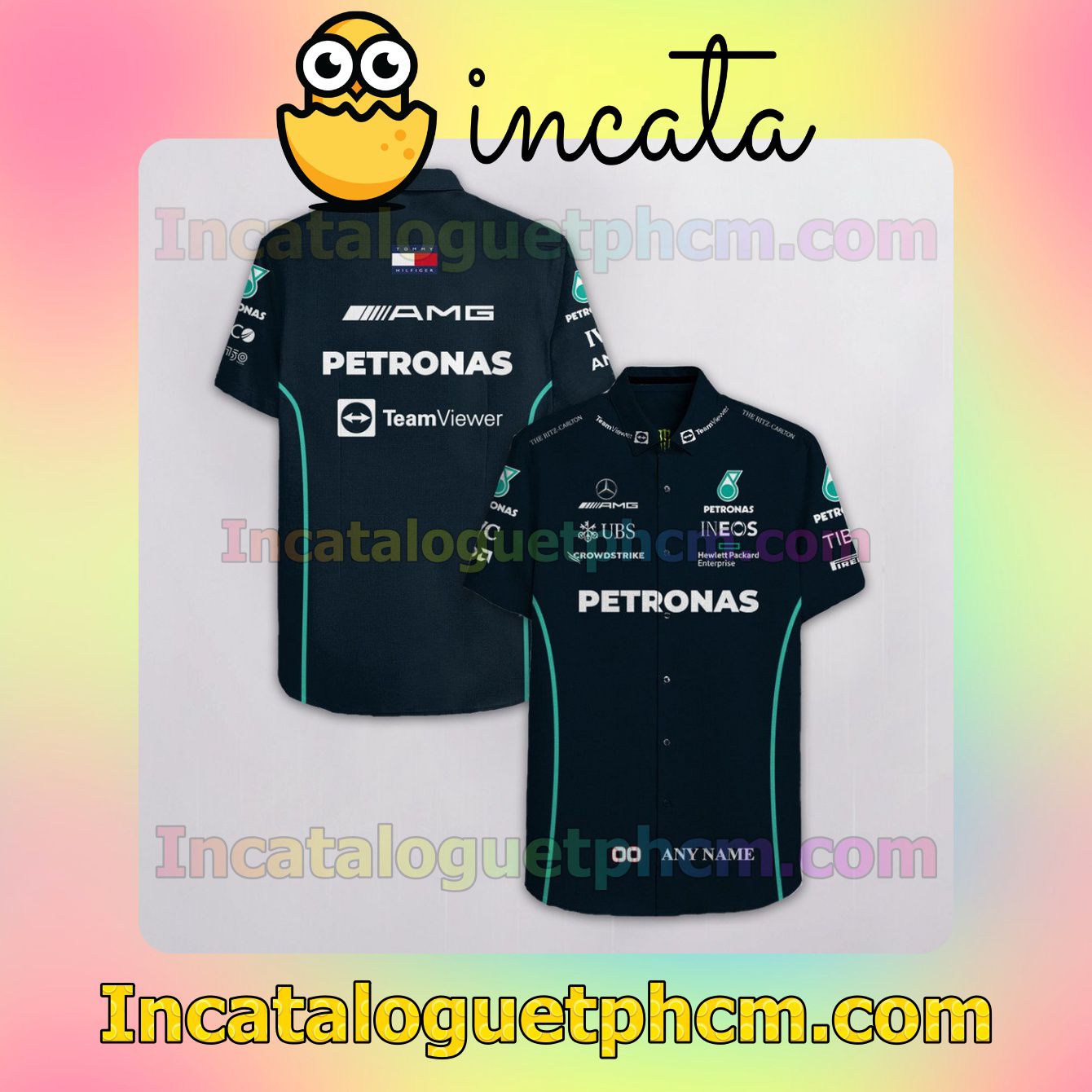Personalized Mercedes AMG Petronas F1 Racing Team Viewer Ineos Ubs Button Shirt And Swim Trunk