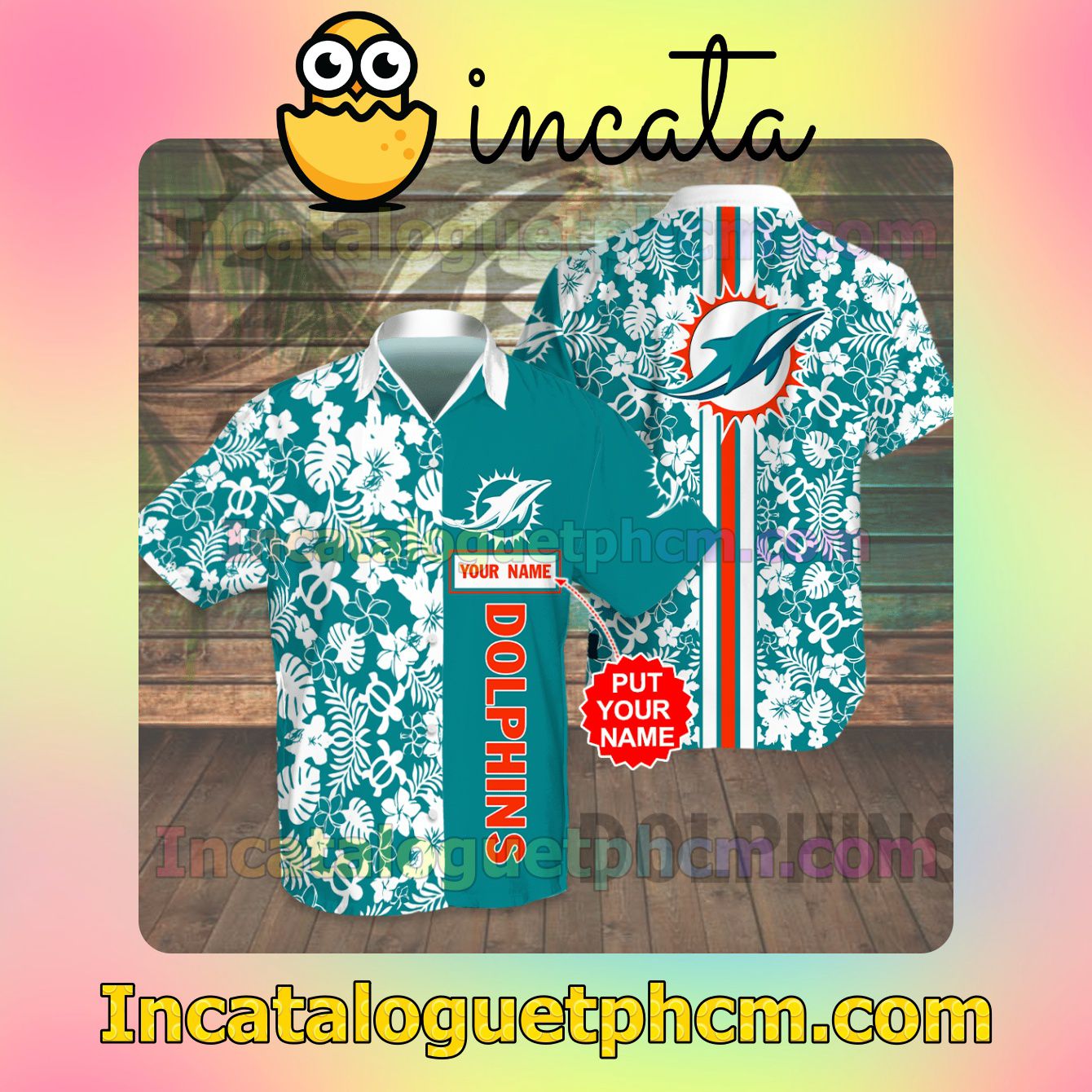 Personalized Miami Dolphins Flowery Turquoise Button Shirt And Swim Trunk