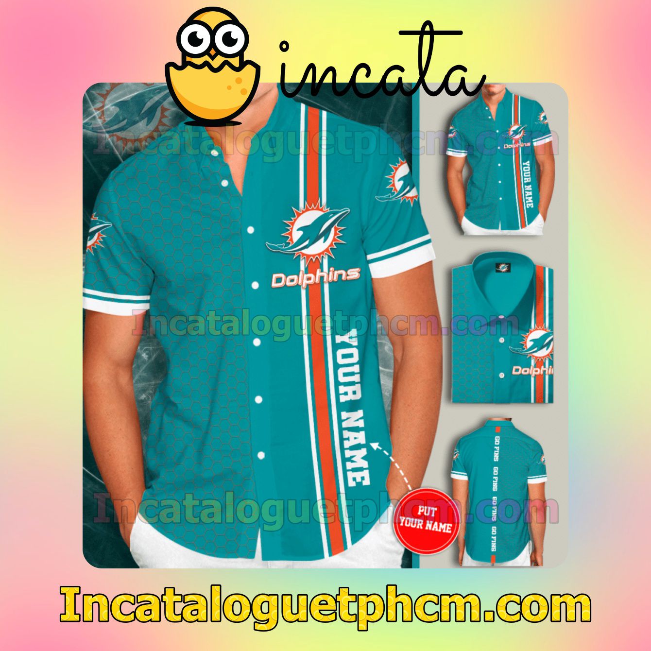 Personalized Miami Dolphins Football Blue Button Shirt And Swim Trunk
