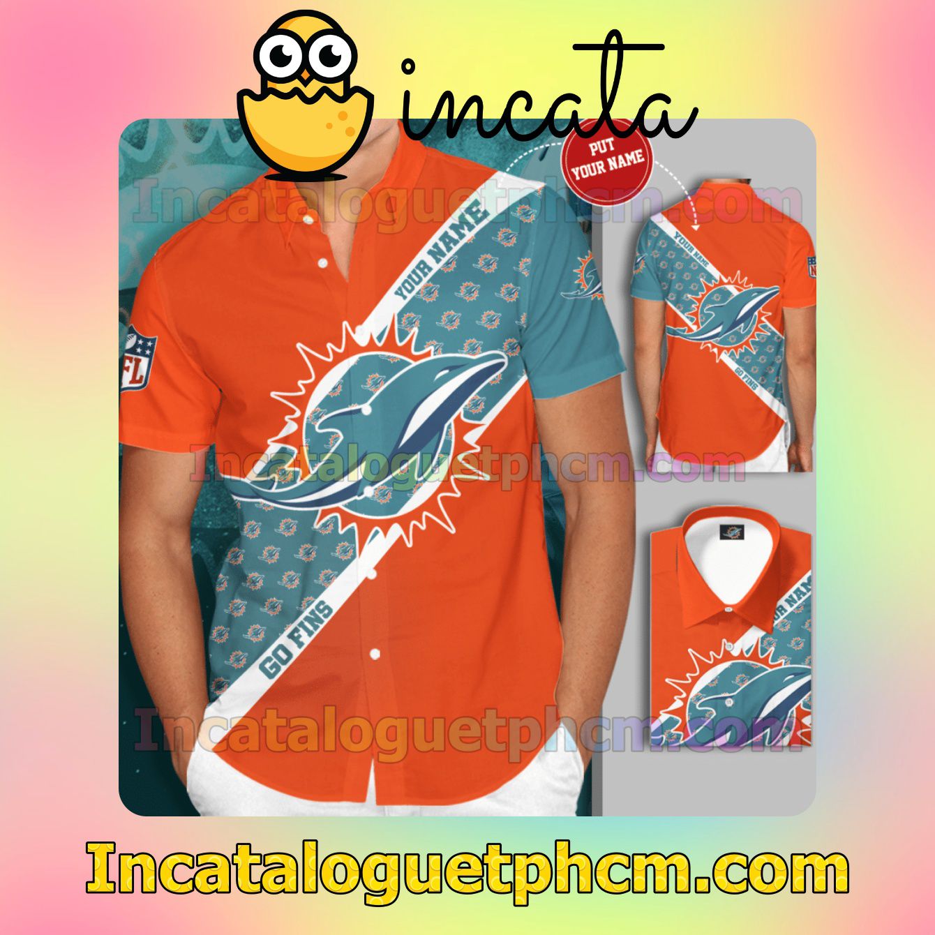 Personalized Miami Dolphins Football Team Go Fins Orange Button Shirt And Swim Trunk