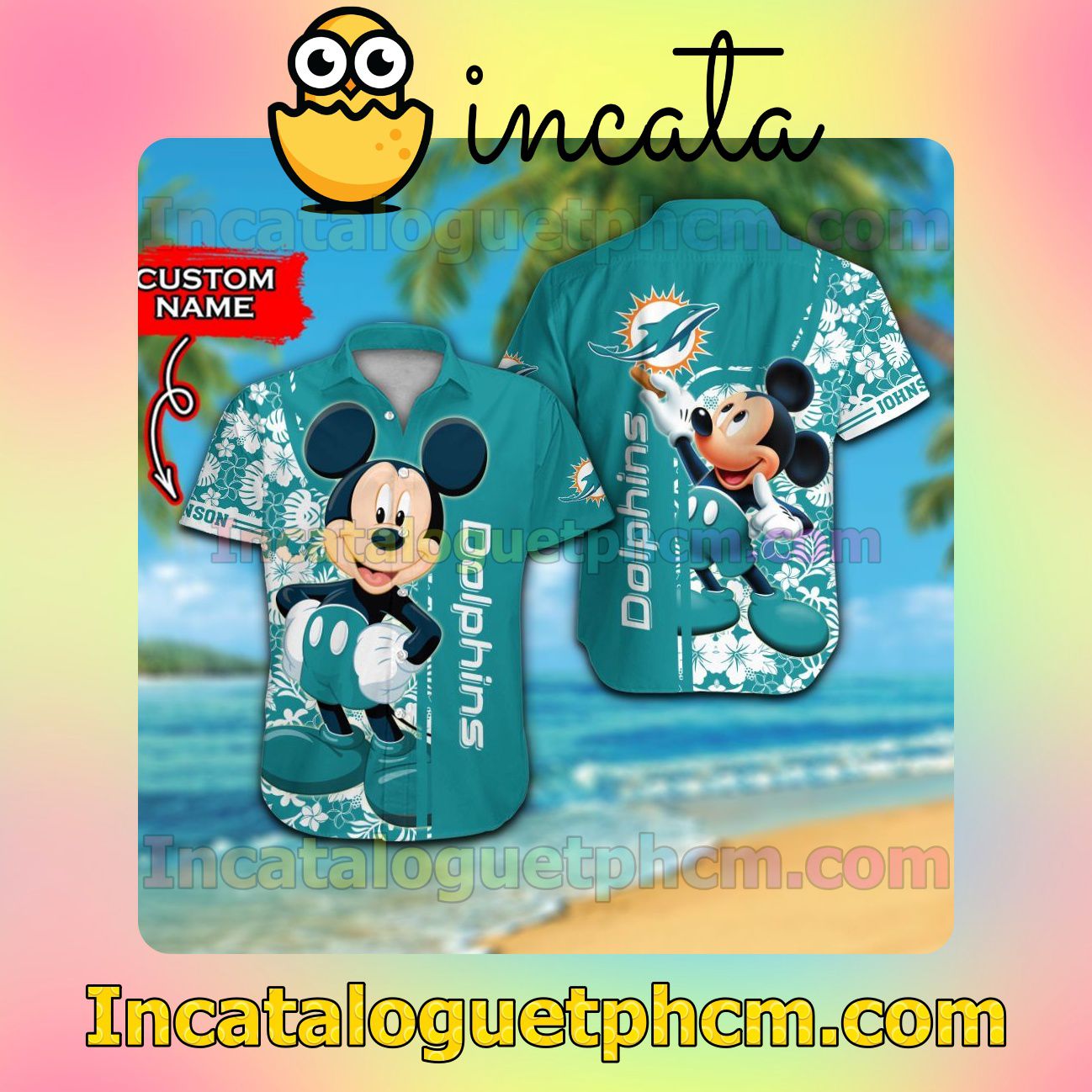 Personalized Miami Dolphins & Mickey Mouse Beach Vacation Shirt, Swim Shorts