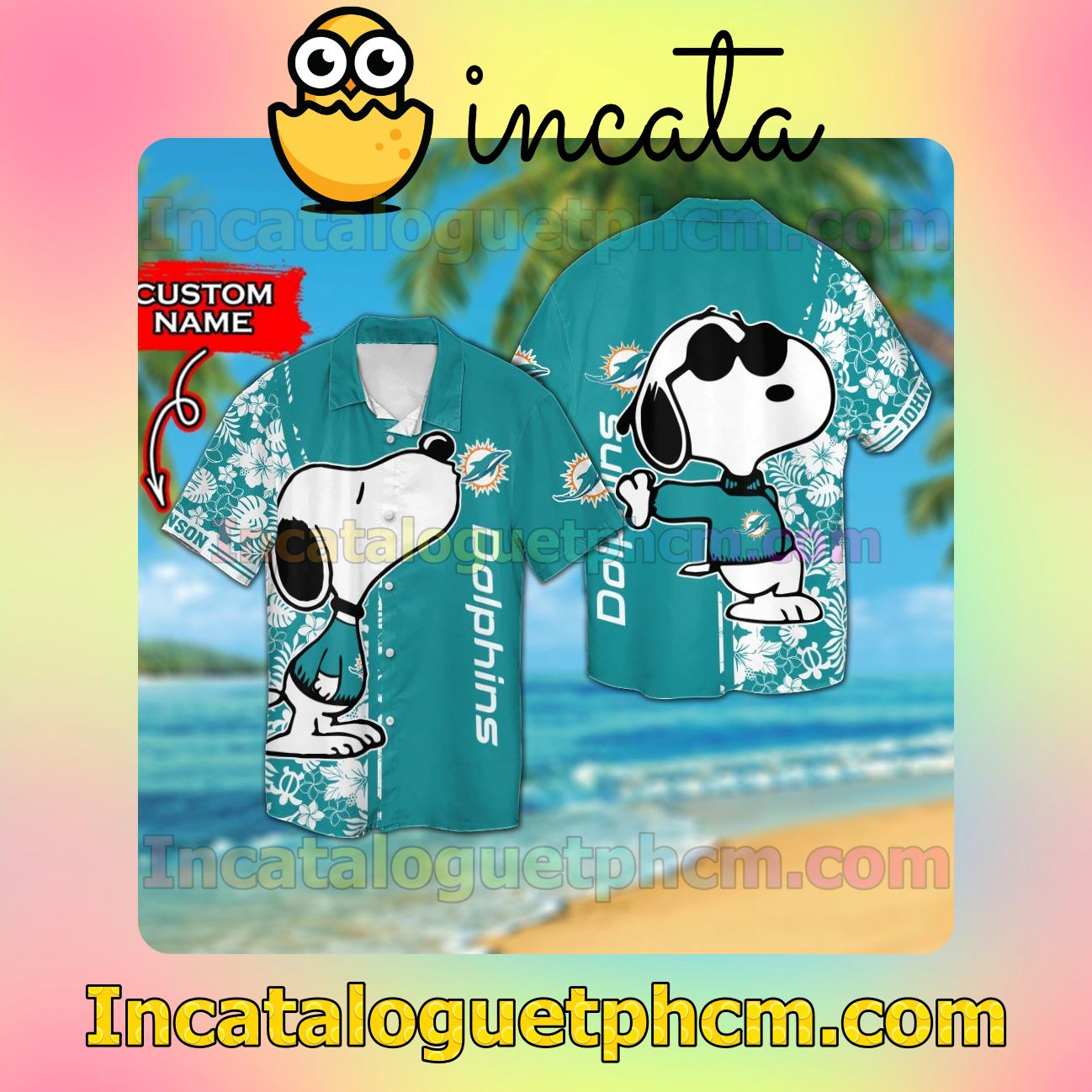 Personalized Miami Dolphins & Snoopy Beach Vacation Shirt, Swim Shorts