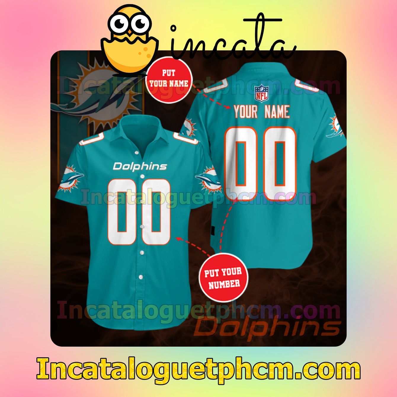 Personalized Miami Dolphins Team Blue Button Shirt And Swim Trunk