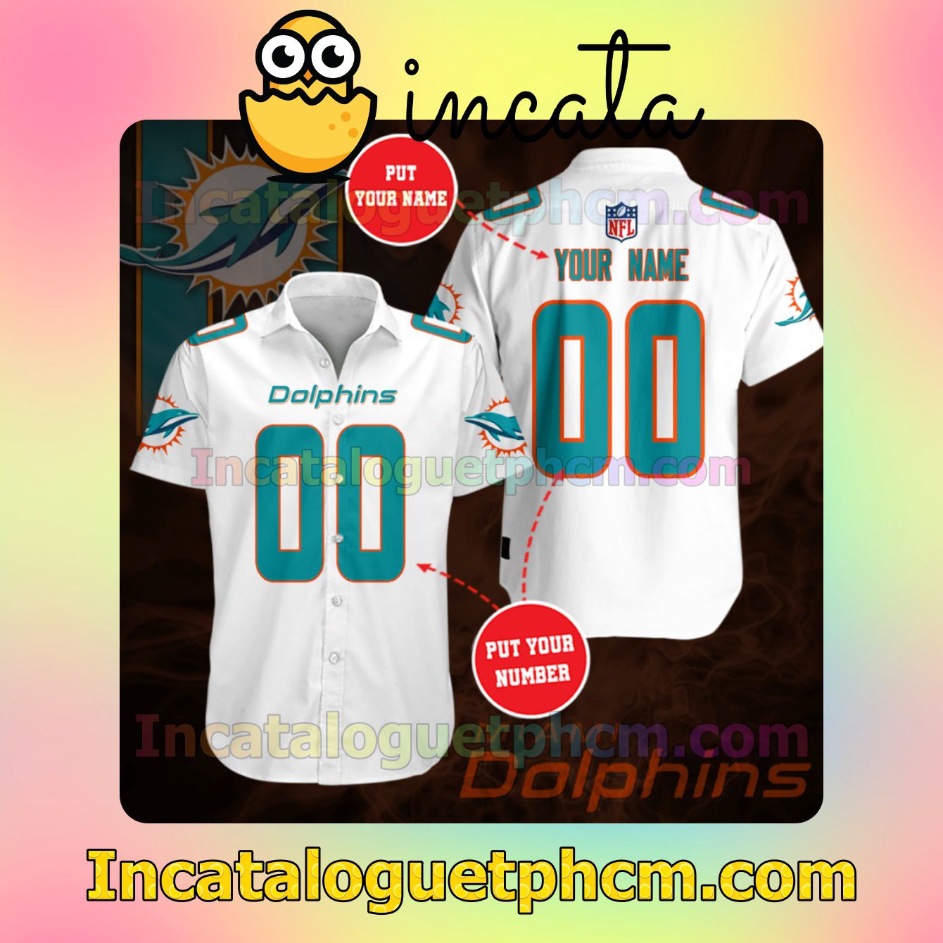 Personalized Miami Dolphins White Button Shirt And Swim Trunk