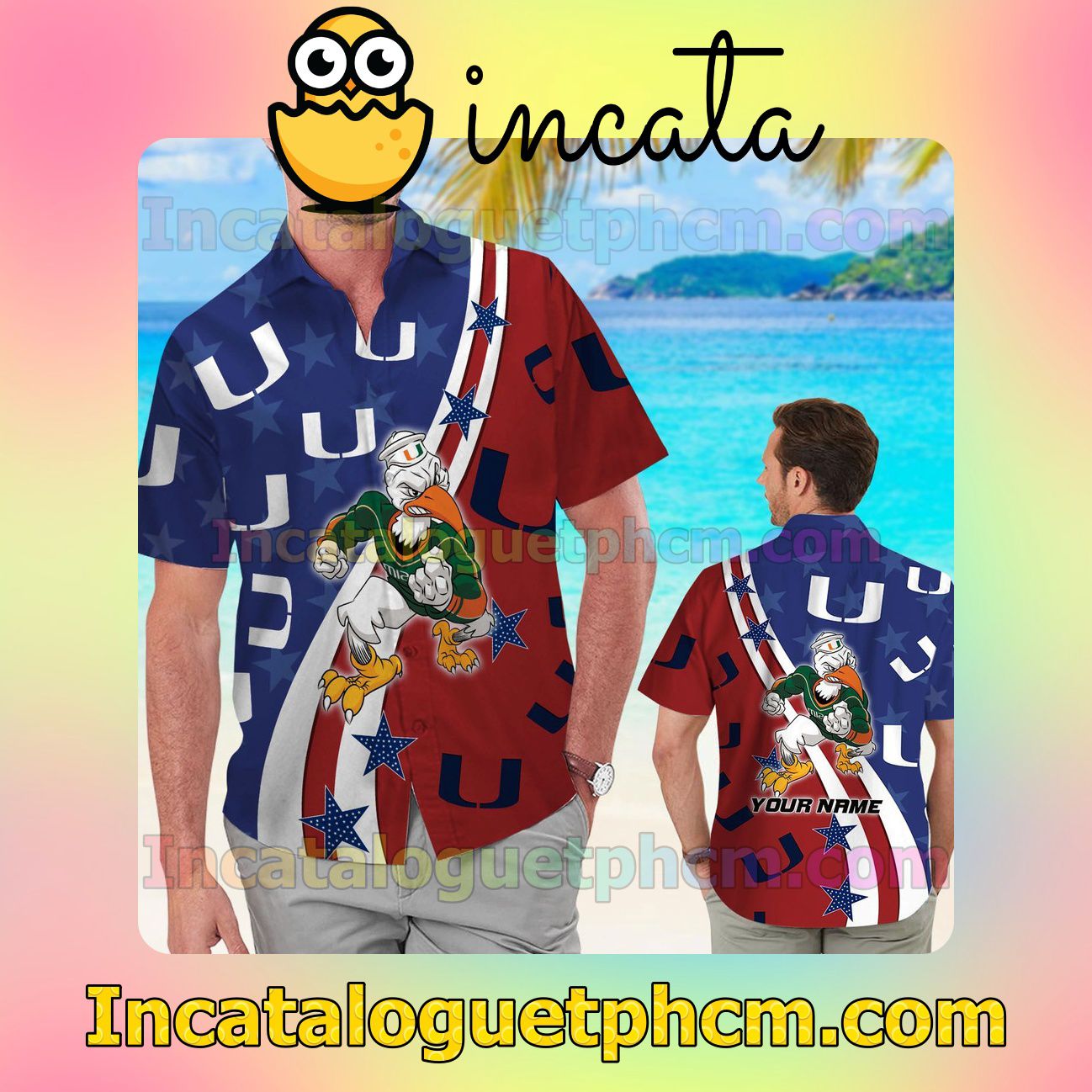 Personalized Miami Hurricanes American Flag Beach Vacation Shirt, Swim Shorts