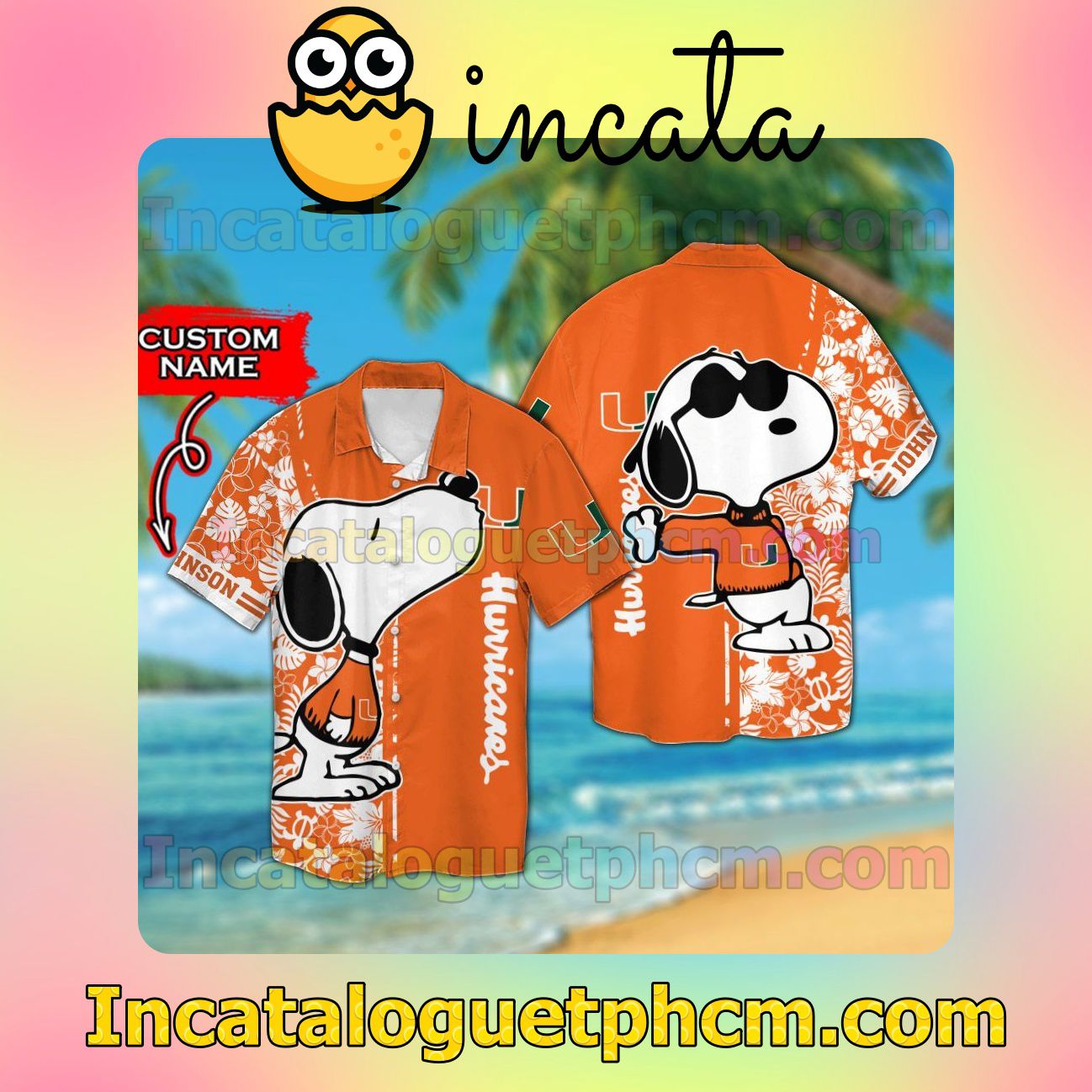 Personalized Miami Hurricanes & Snoopy Beach Vacation Shirt, Swim Shorts