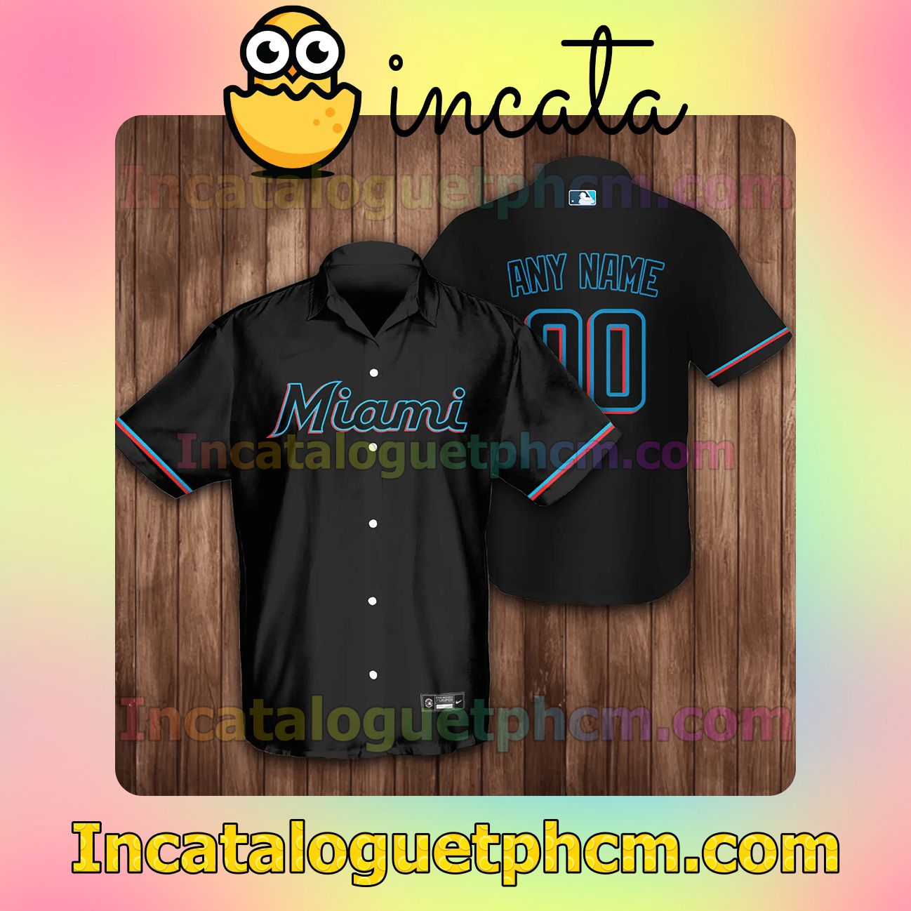 Personalized Miami Marlins Baseball Black Button Shirt And Swim Trunk