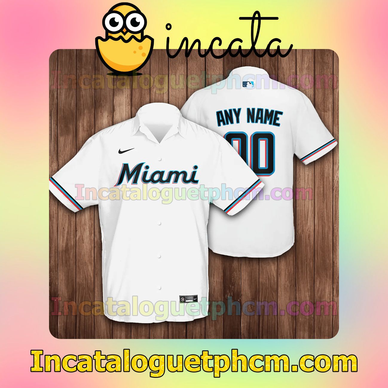 Personalized Miami Marlins Baseball White Button Shirt And Swim Trunk