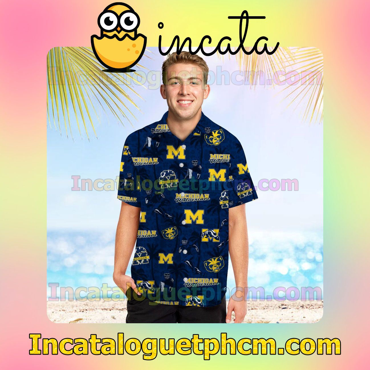 Personalized Michigan Wolverines Coconut Beach Vacation Shirt, Swim Shorts