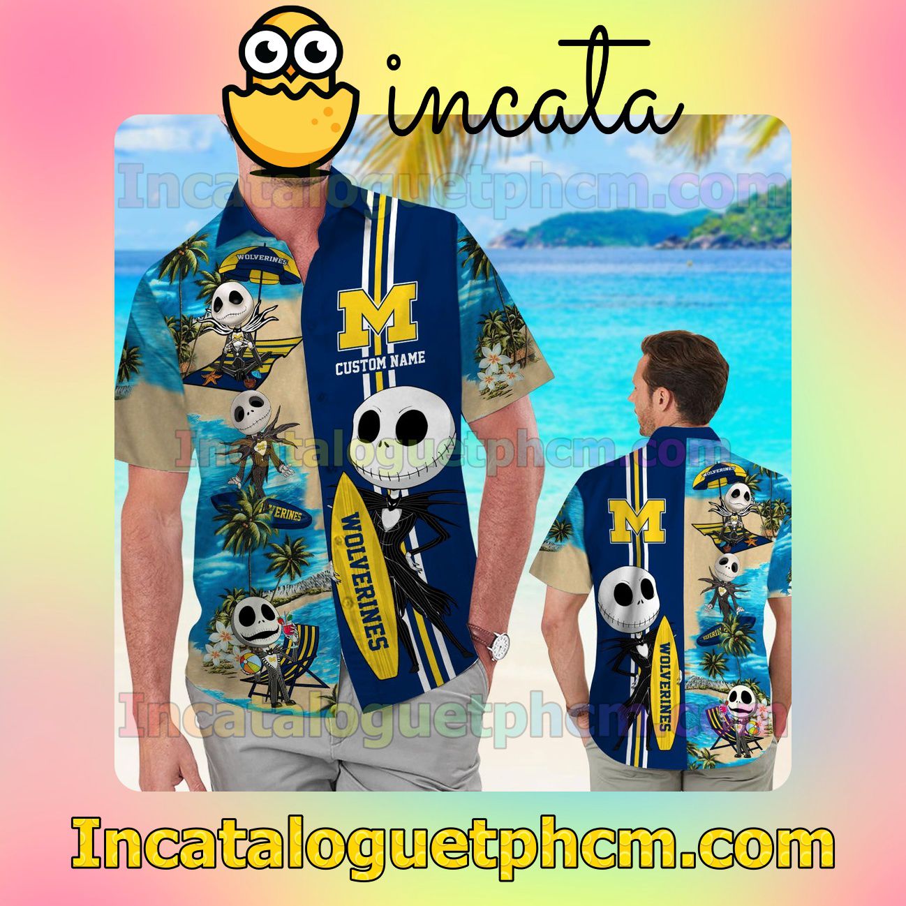 Personalized Michigan Wolverines Jack Skellington Beach Vacation Shirt, Swim Shorts