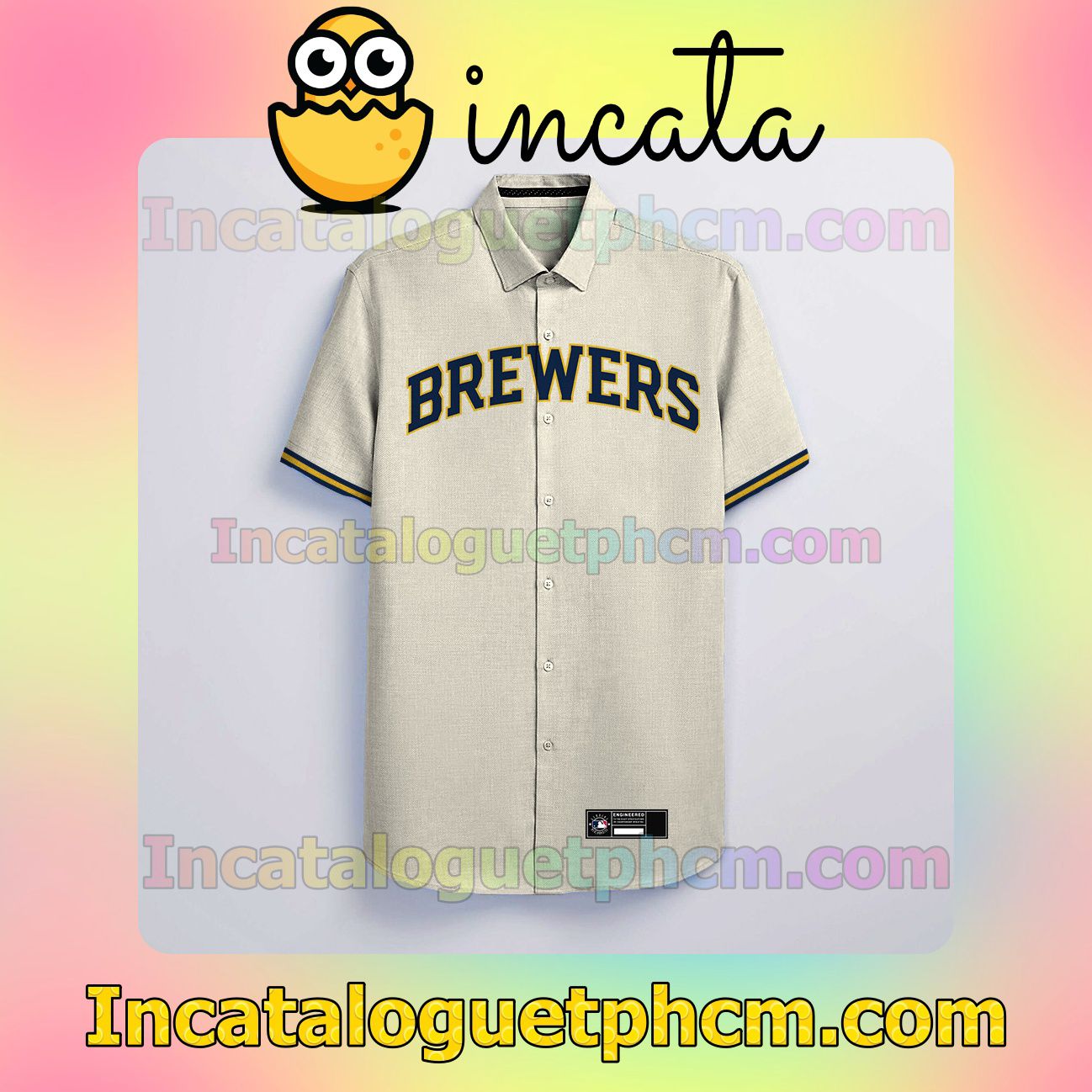 Personalized Milwaukee Brewers Beige Button Shirt And Swim Trunk