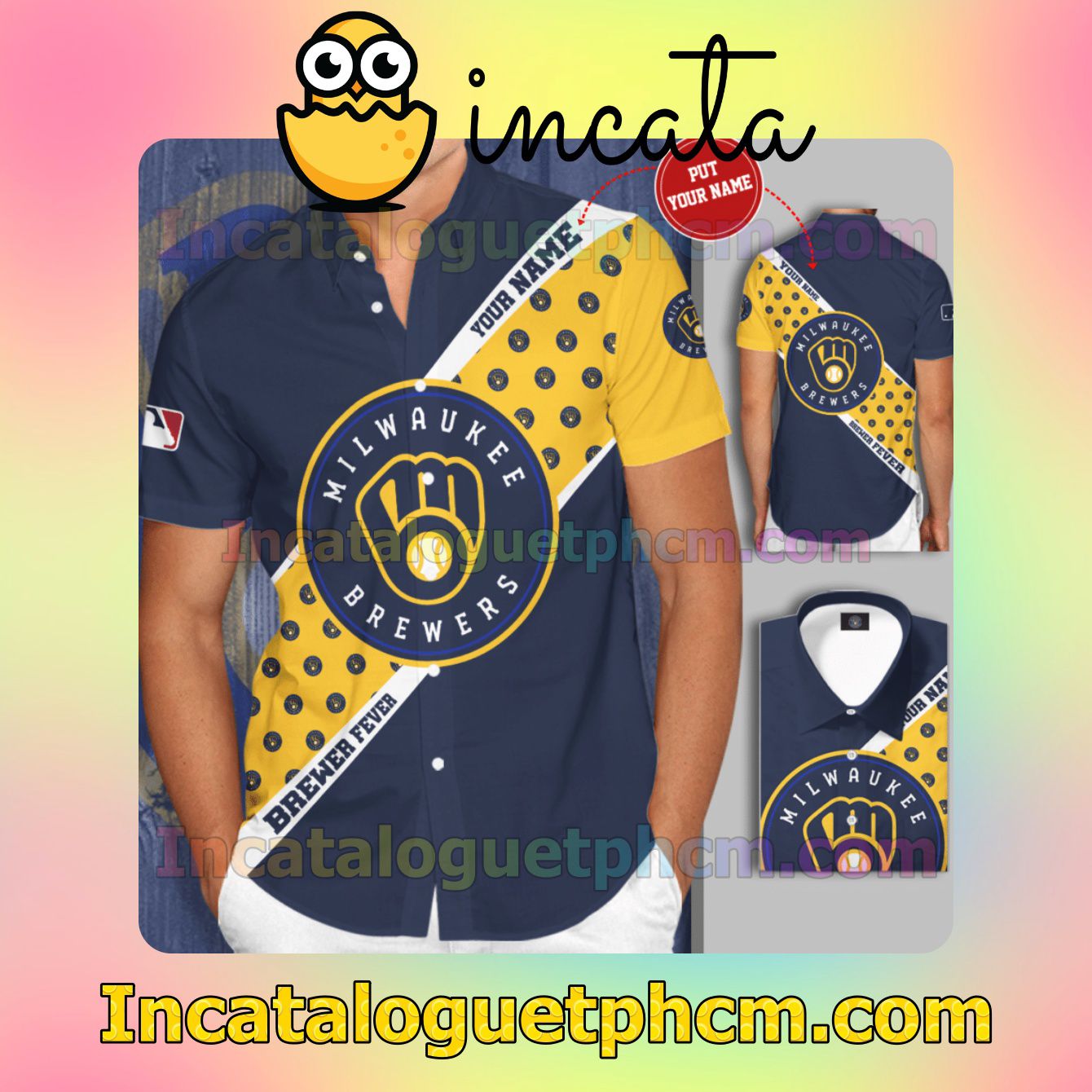 Personalized Milwaukee Brewers Cobalt Yellow Button Shirt And Swim Trunk