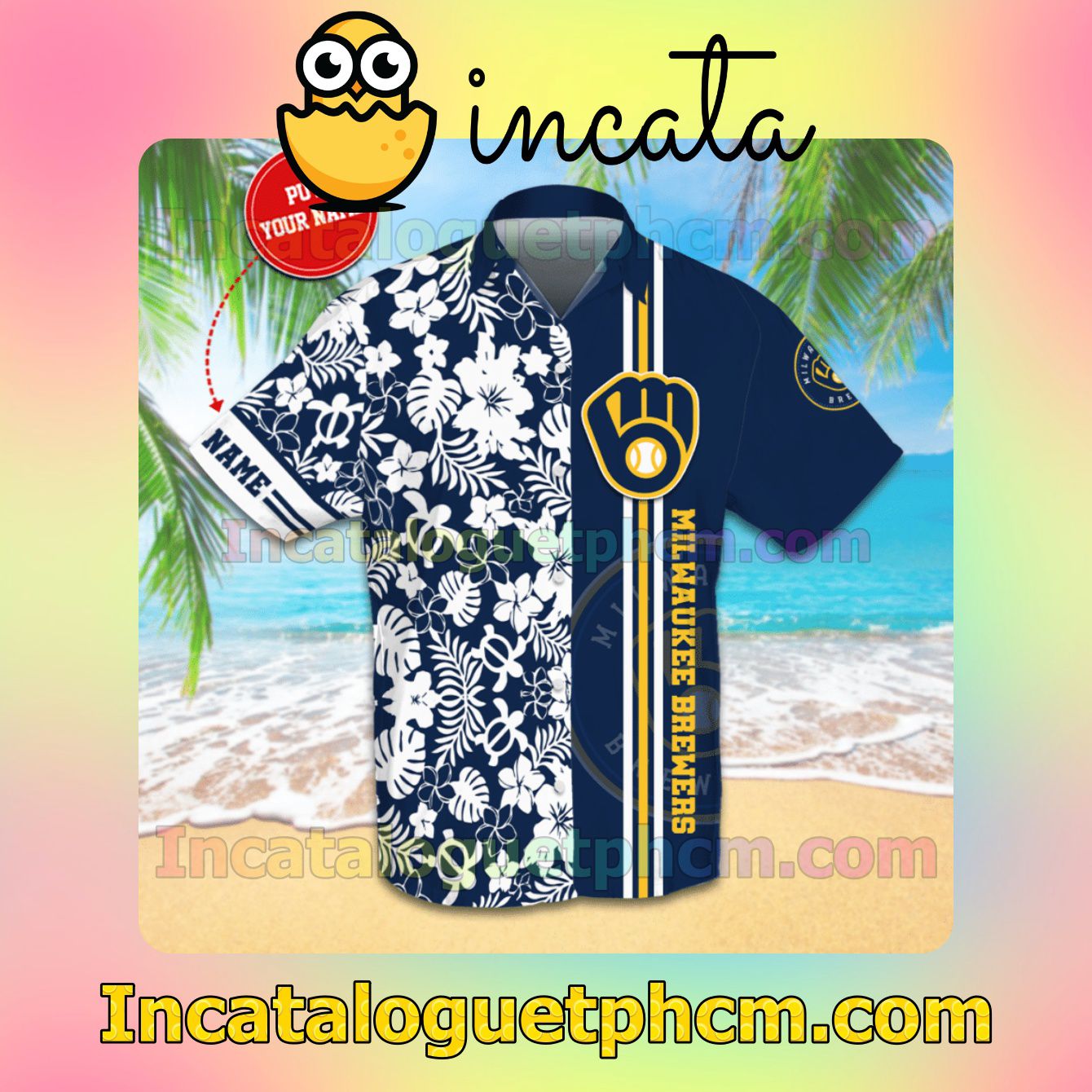 Personalized Milwaukee Brewers Flowery Navy Button Shirt And Swim Trunk