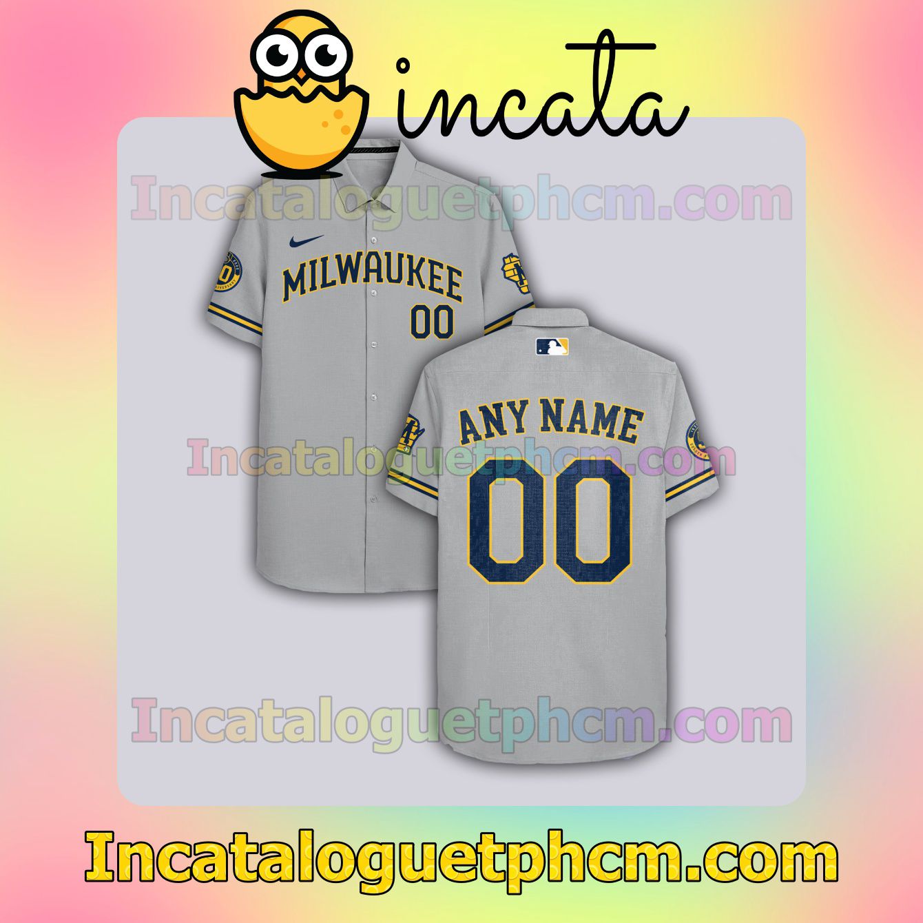 Personalized Milwaukee Brewers Gray Button Shirt And Swim Trunk