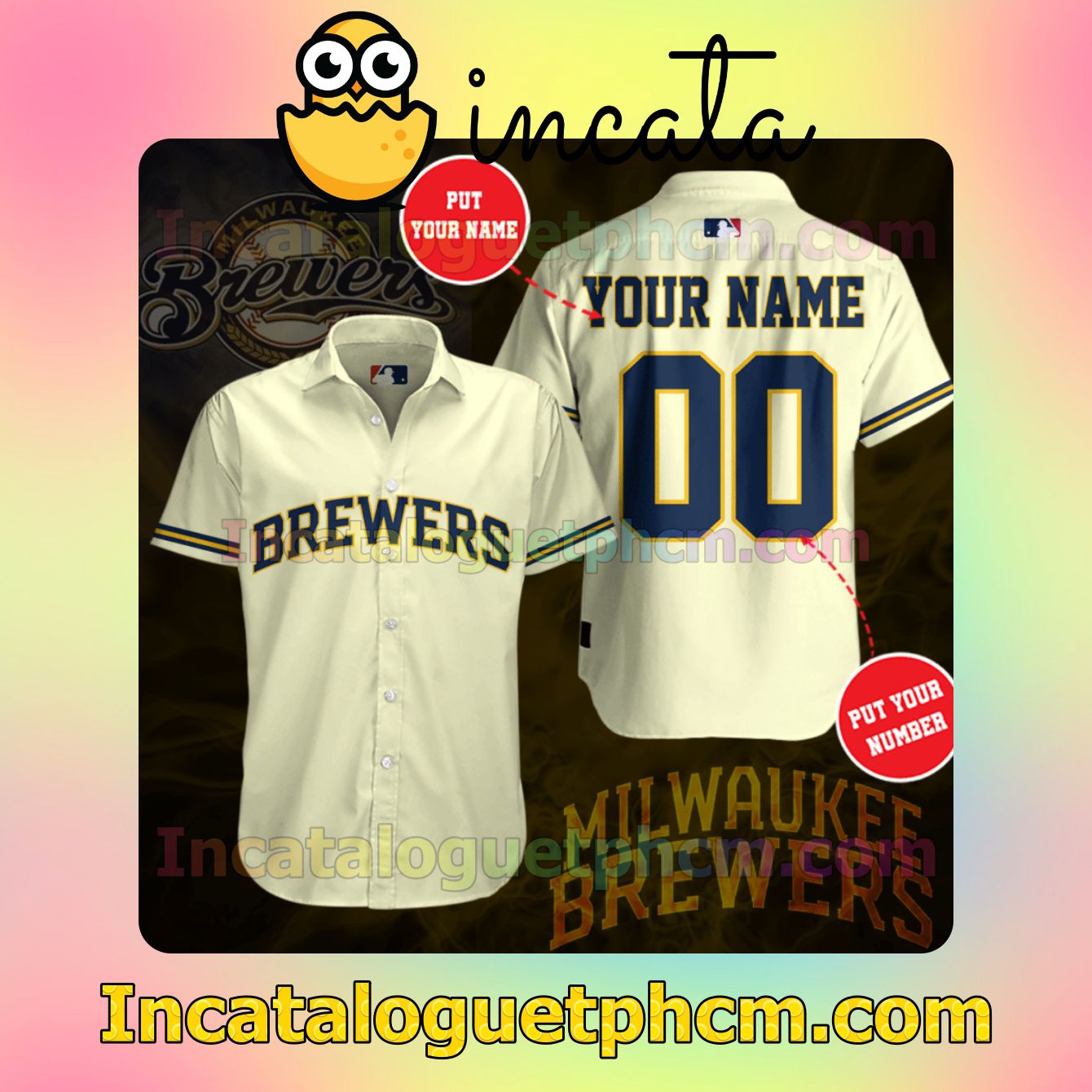 Personalized Milwaukee Brewers Light Yellow Button Shirt And Swim Trunk