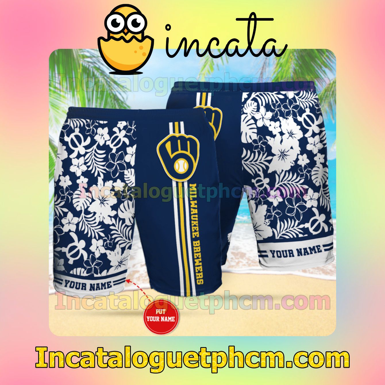 Personalized Milwaukee Brewers Neon Blue Button Shirt And Swim Trunk