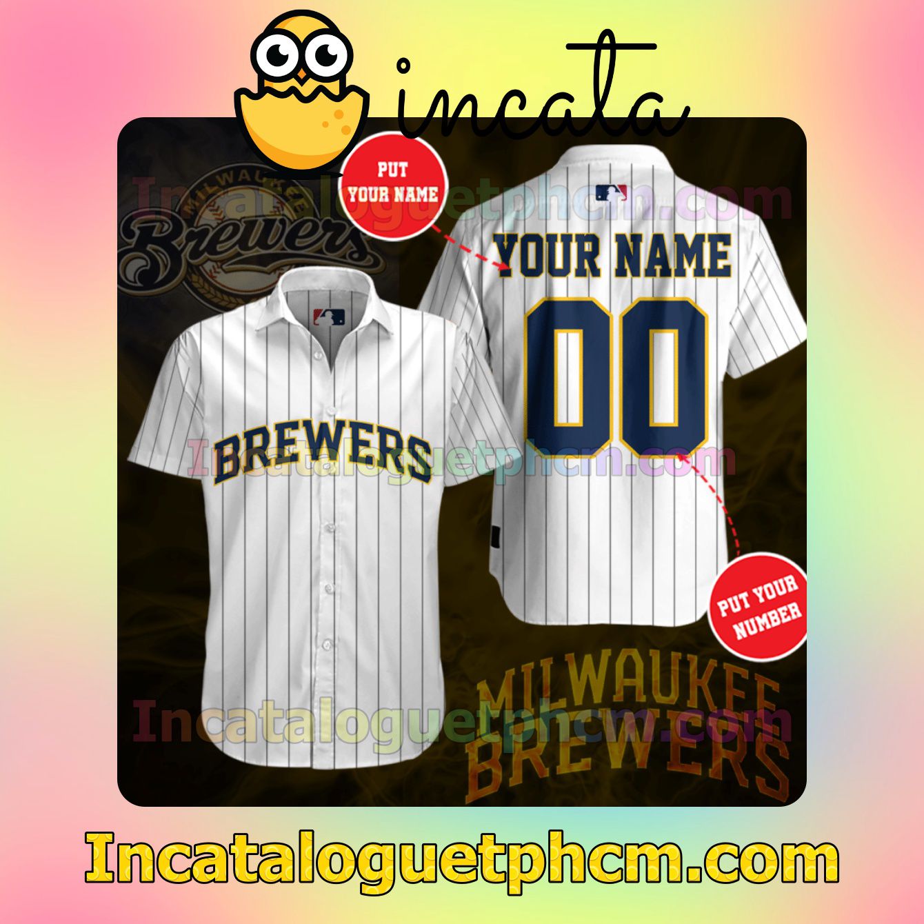Personalized Milwaukee Brewers Pinstripe White Button Shirt And Swim Trunk