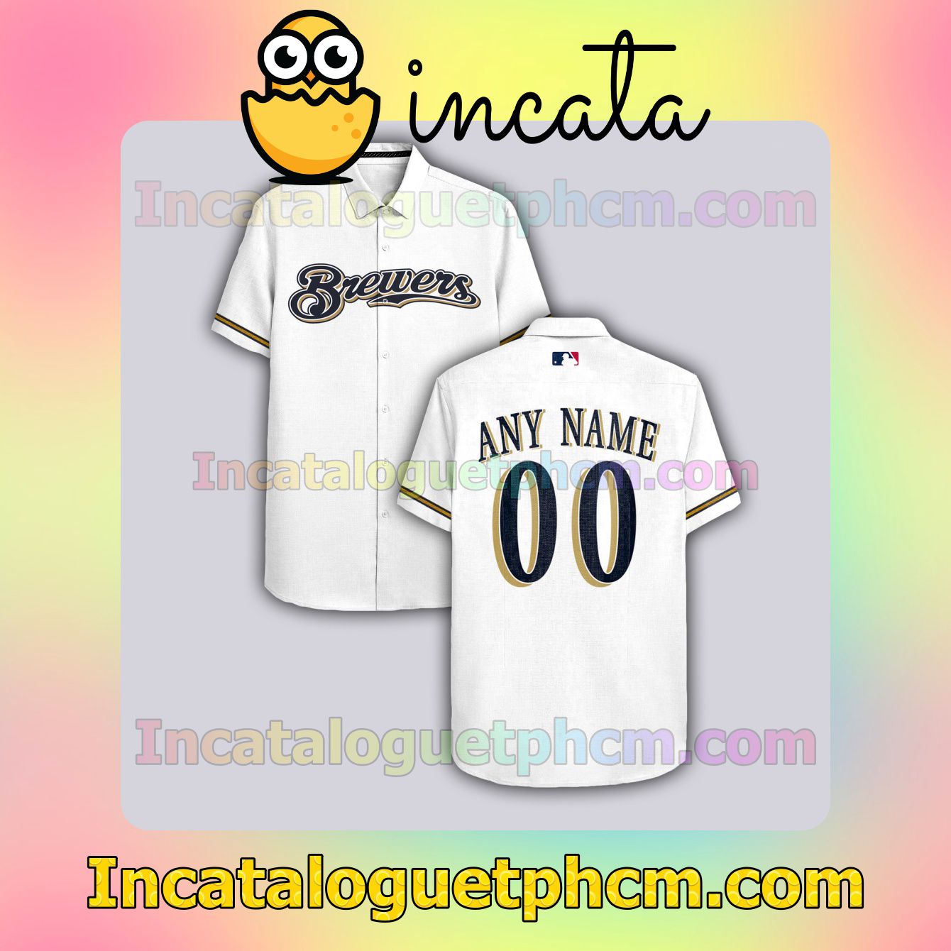 Personalized Milwaukee Brewers White Button Shirt And Swim Trunk